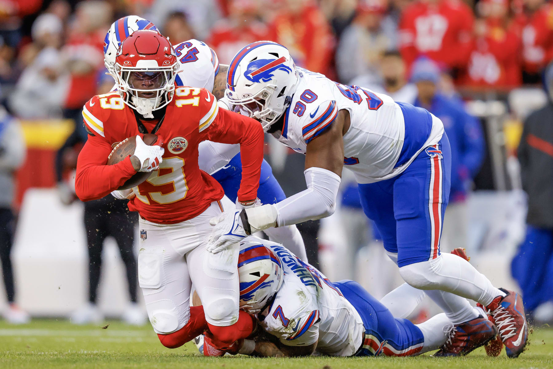 KANSAS CITY, MISSOURI - DECEMBER 10: Kadarius Toney #19 of the Kansas City Chiefs carries the ball after a catch during the first half of the game against the Buffalo Bills at GEHA Field at Arrowhead Stadium on December 10, 2023 in Kansas City, Missouri. (Photo by David Eulitt/Getty Images)