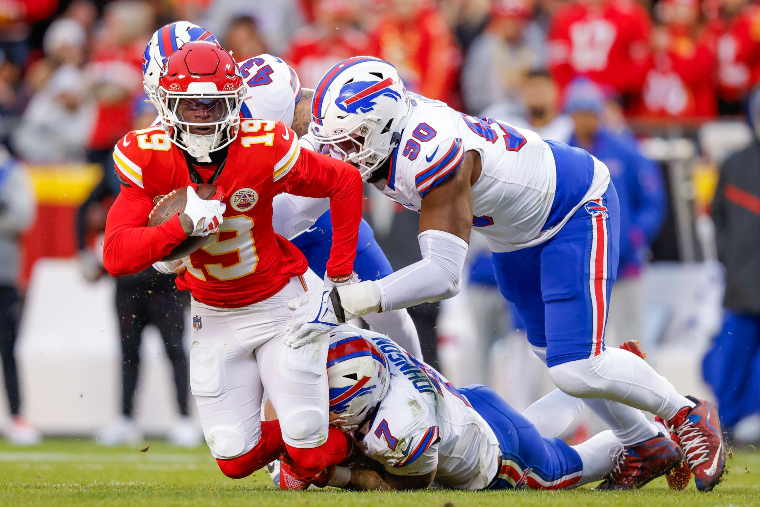 KANSAS CITY, MISSOURI - DECEMBER 10: Kadarius Toney #19 of the Kansas City Chiefs carries the ball after a catch during the first half of the game against the Buffalo Bills at GEHA Field at Arrowhead Stadium on December 10, 2023 in Kansas City, Missouri. (Photo by David Eulitt/Getty Images)