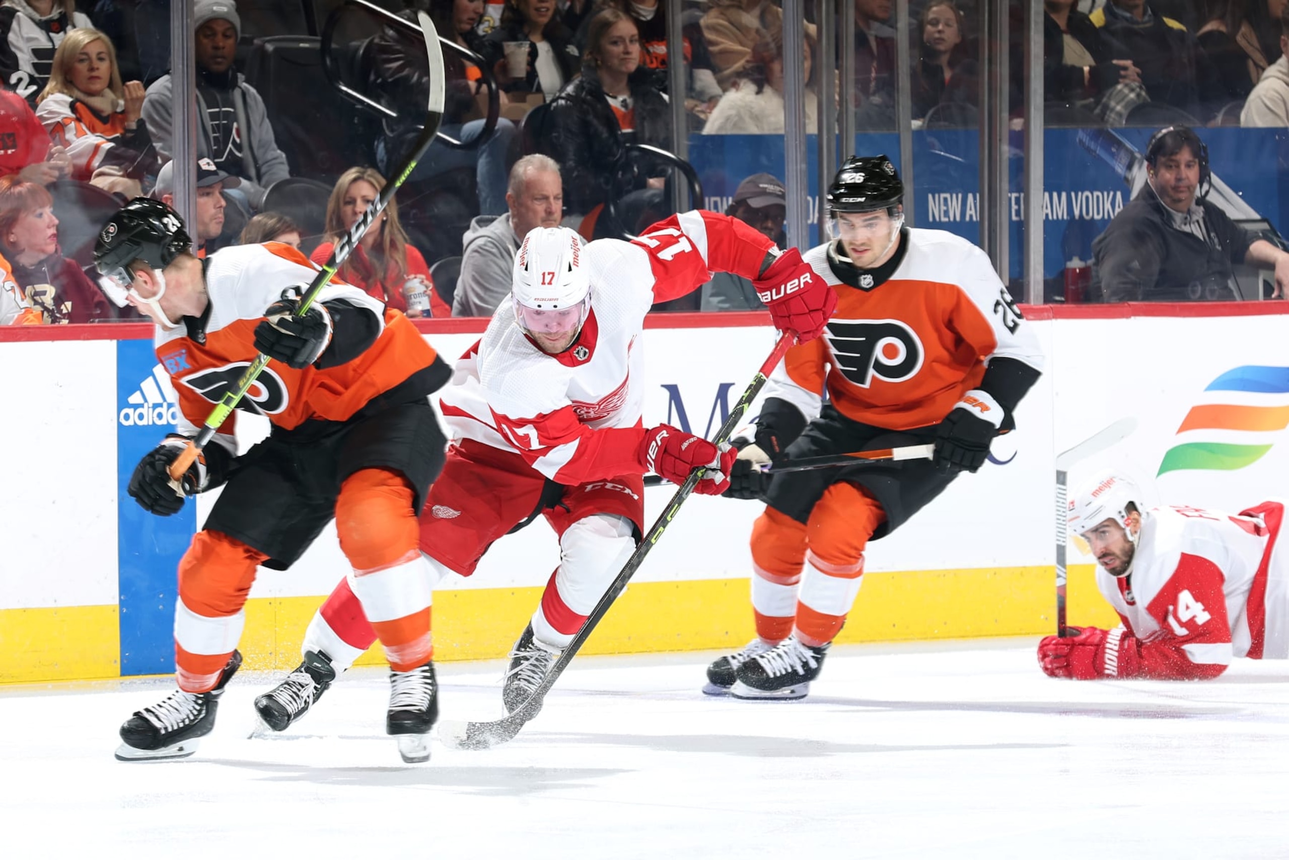 Philadelphia Flyers defensemen Nick Seeler (left) and Sean Walker (right).