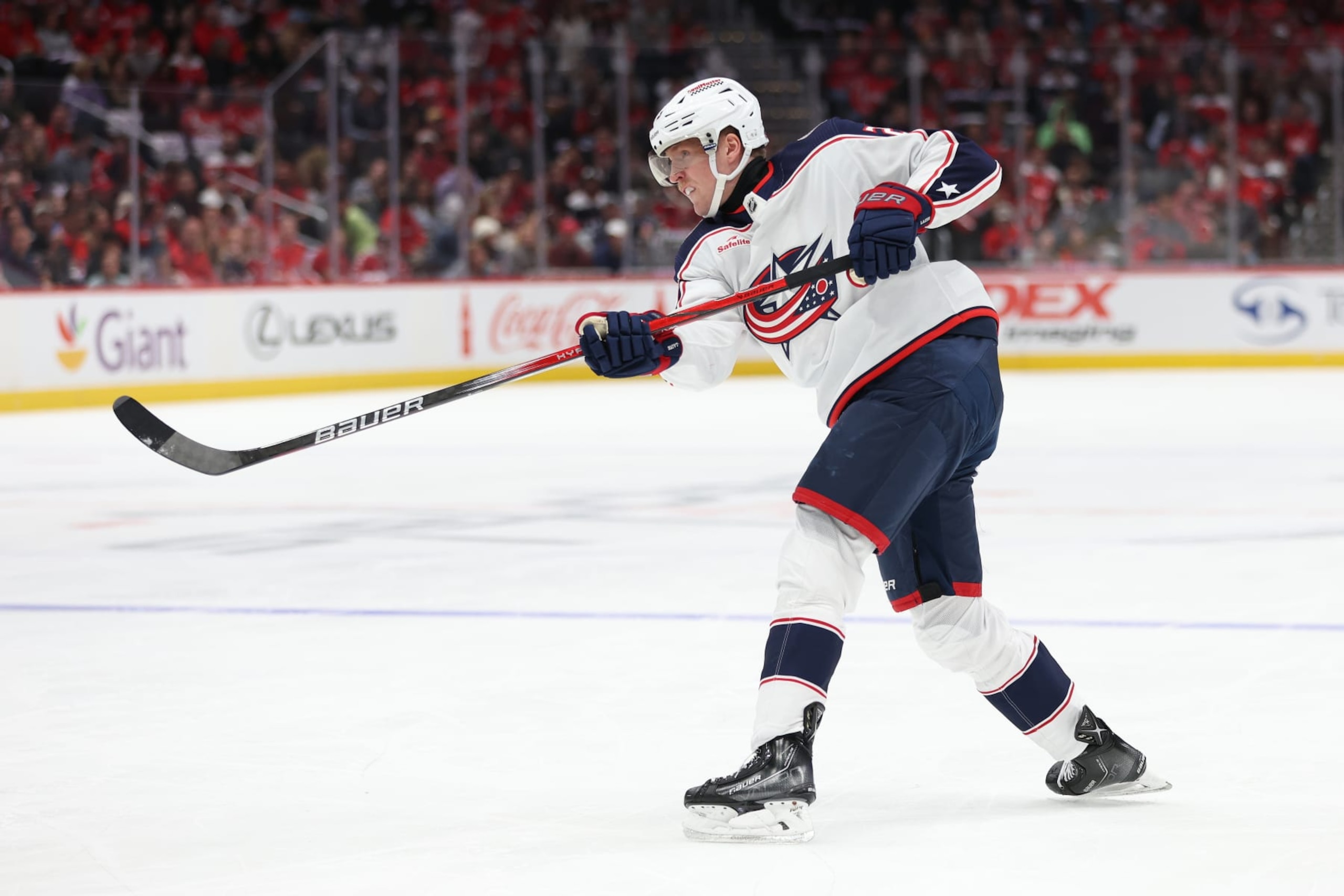 WASHINGTON, DC - NOVEMBER 18: Patrik Laine #29 of the Columbus Blue Jackets skates against the Washington Capitals during the first period at Capital One Arena on November 18, 2023 in Washington, DC. (Photo by Patrick Smith/Getty Images)