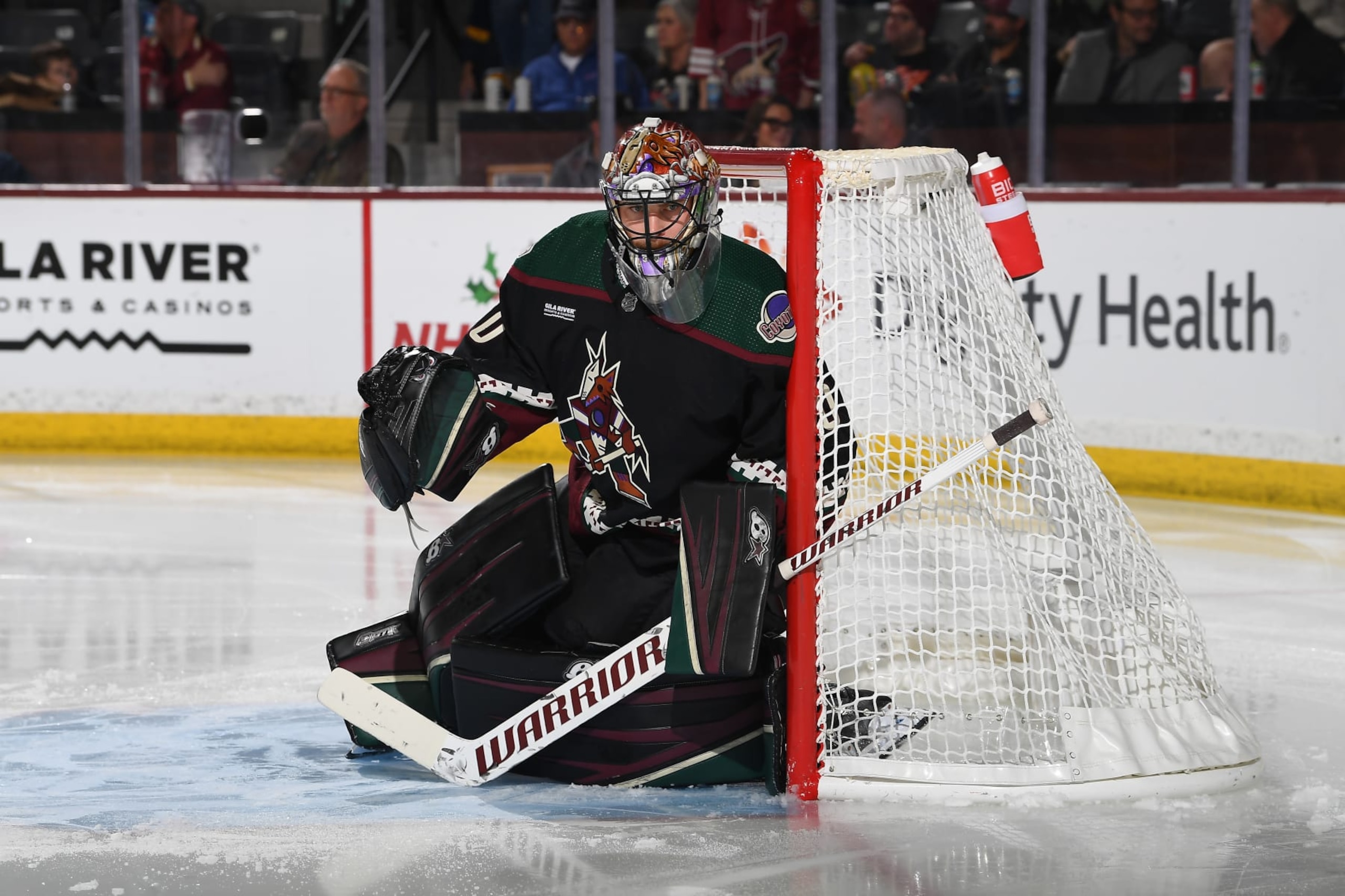 TEMPE, ARIZONA - DECEMBER 16: Karel Vejmelka #70 of the Arizona Coyotes gets ready to make a save during the second period of the game against the Buffalo Sabres at Mullett Arena on December 16, 2023 in Tempe, Arizona. Vejmelka shutout the Sabres 2-0. (Photo by Norm Hall/NHLI via Getty Images)