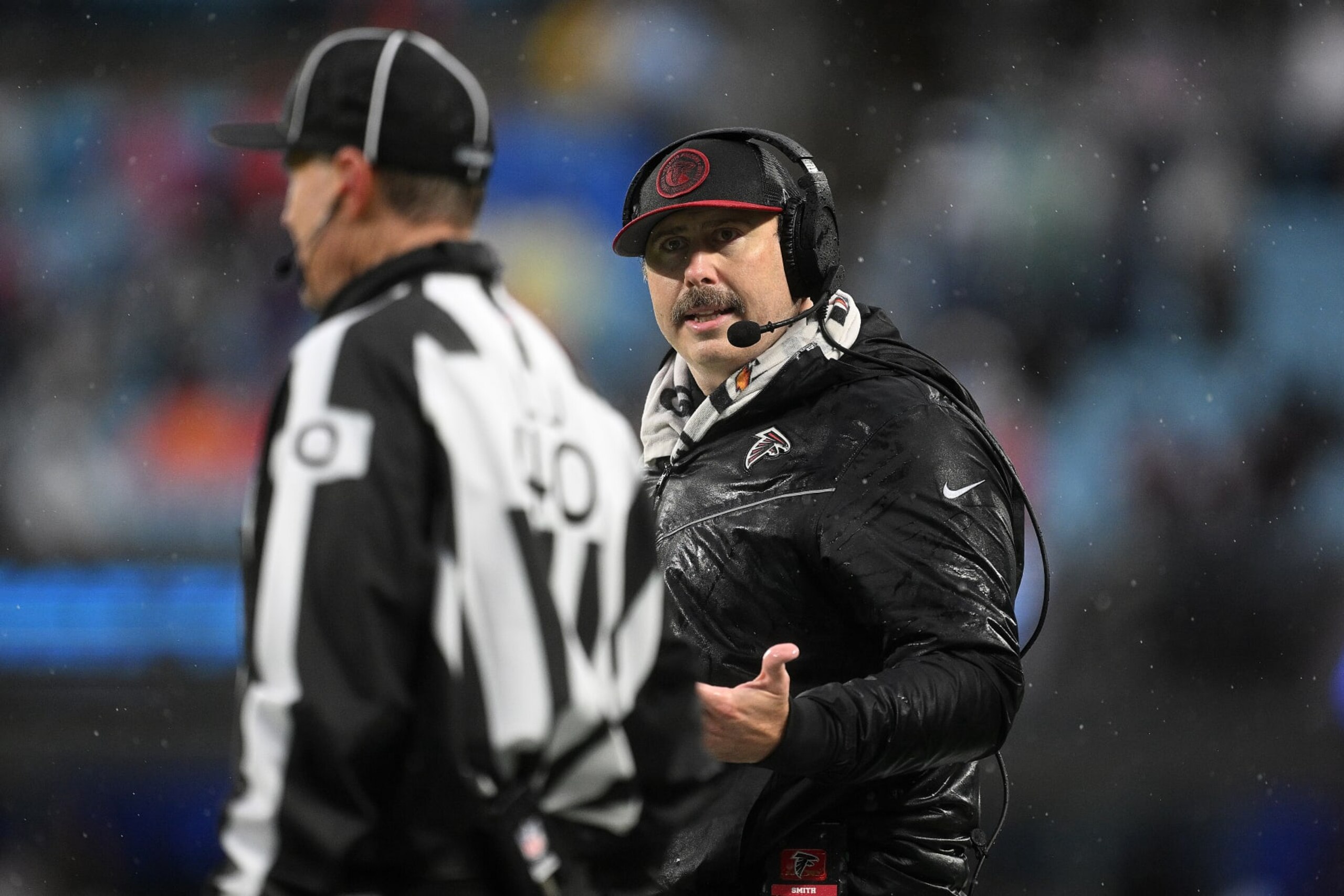 CHARLOTTE, NORTH CAROLINA - DECEMBER 17: Head coach Arthur Smith of the Atlanta Falcons argues with the referee during the game against the Carolina Panthers at Bank of America Stadium on December 17, 2023 in Charlotte, North Carolina. (Photo by Grant Halverson/Getty Images) CHARLOTTE, NORTH CAROLINA - DECEMBER 17: Head coach Arthur Smith of the Atlanta Falcons argues with the referee during the game against the Carolina Panthers at Bank of America Stadium on December 17, 2023 in Charlotte, North Carolina. (Photo by Grant Halverson/Getty Images)