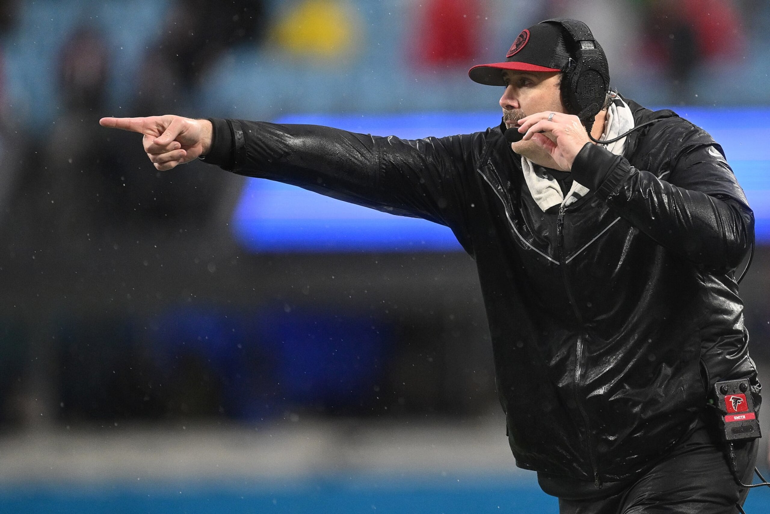 CHARLOTTE, NORTH CAROLINA - DECEMBER 17: Head coach Arthur Smith of the Atlanta Falcons reacts during the game against the Carolina Panthers at Bank of America Stadium on December 17, 2023 in Charlotte, North Carolina. (Photo by Grant Halverson/Getty Images)