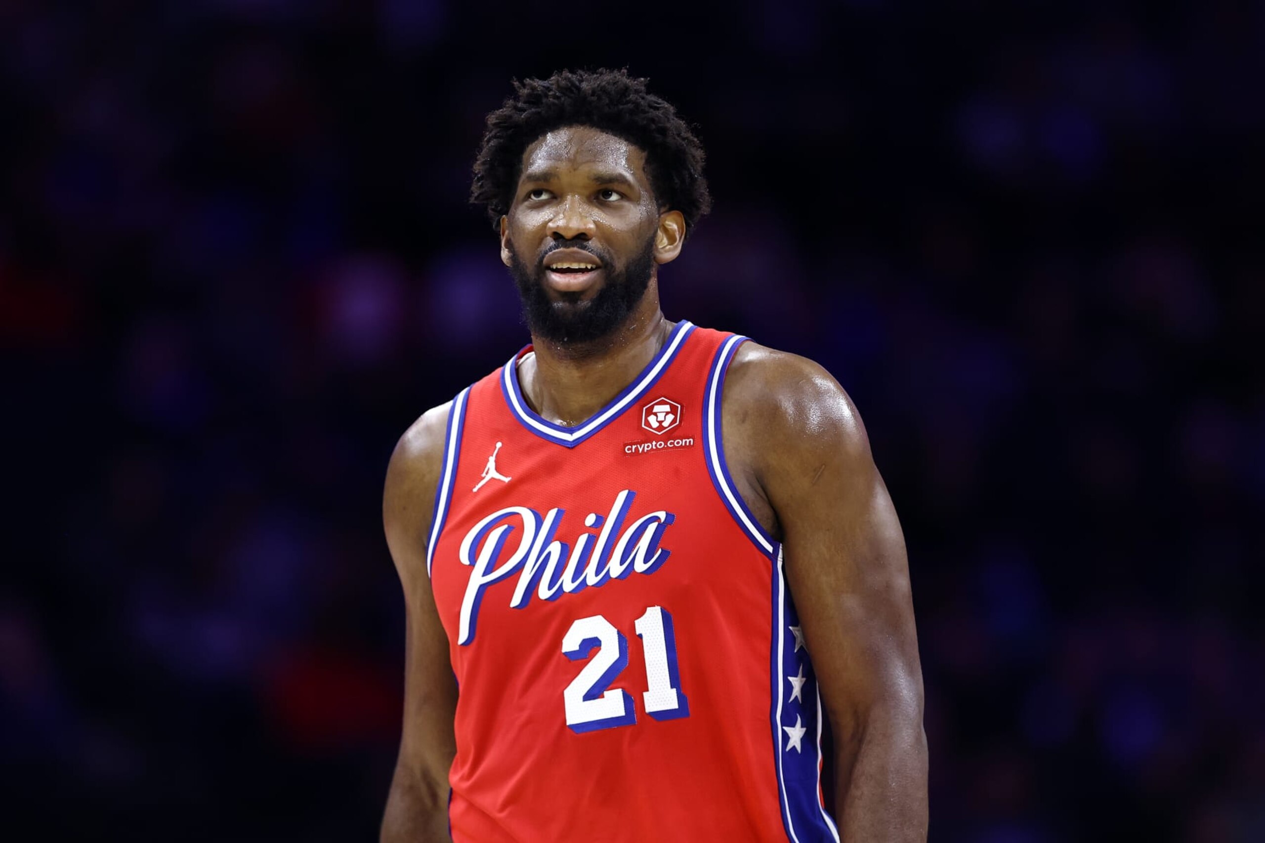 PHILADELPHIA, PENNSYLVANIA - DECEMBER 15: Joel Embiid #21 of the Philadelphia 76ers reacts during the second quarter against the Detroit Pistons at the Wells Fargo Center on December 15, 2023 in Philadelphia, Pennsylvania. NOTE TO USER: User expressly acknowledges and agrees that, by downloading and or using this photograph, User is consenting to the terms and conditions of the Getty Images License Agreement. (Photo by Tim Nwachukwu/Getty Images)