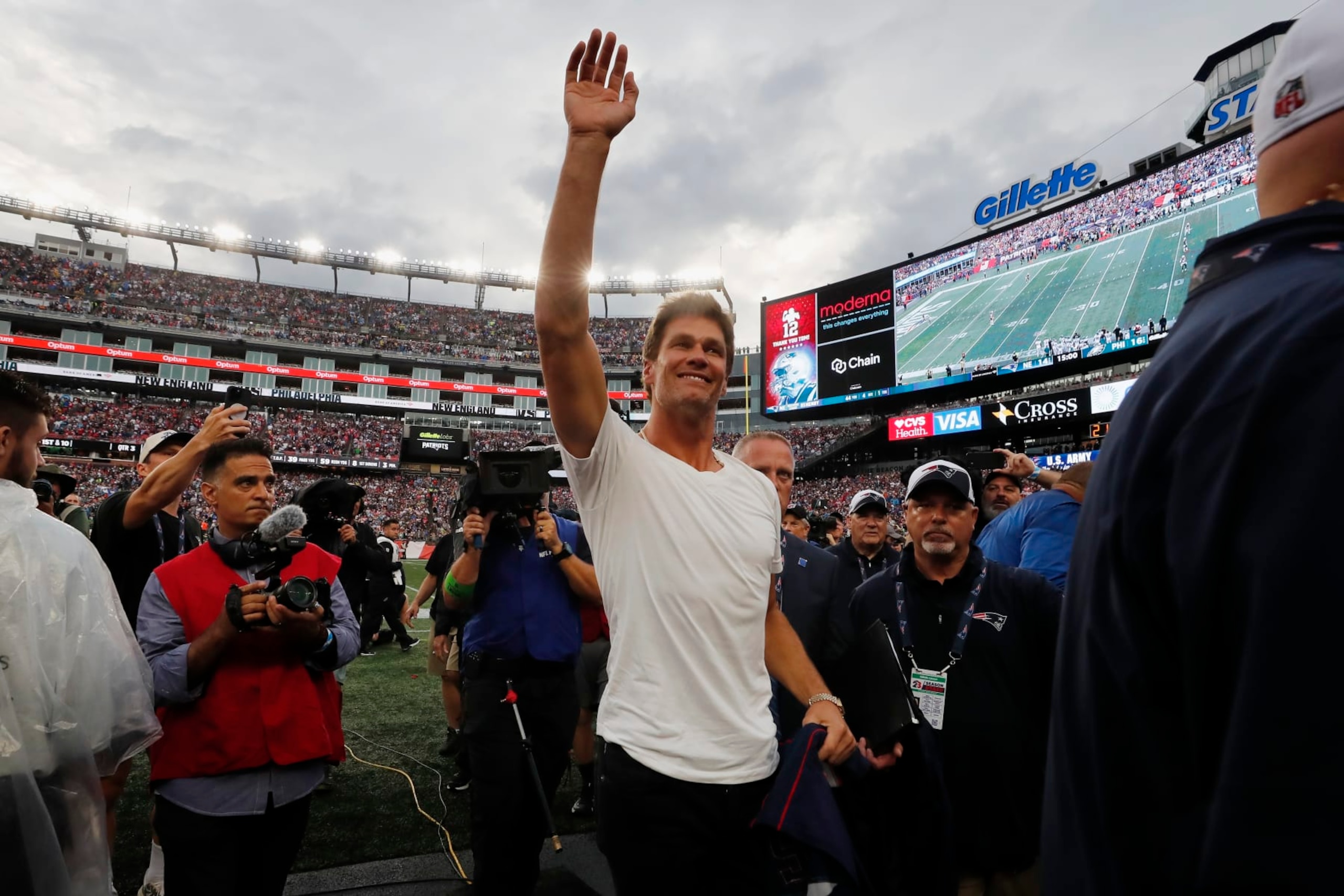 Former New England Patriots' Tom Brady following a ceremony in his honor during halftime of an NFL football game between the Philadelphia Eagles and the New England Patriots, Sunday, Sept. 10, 2023, in Foxborough, Mass. (AP Photo/Michael Dwyer)
