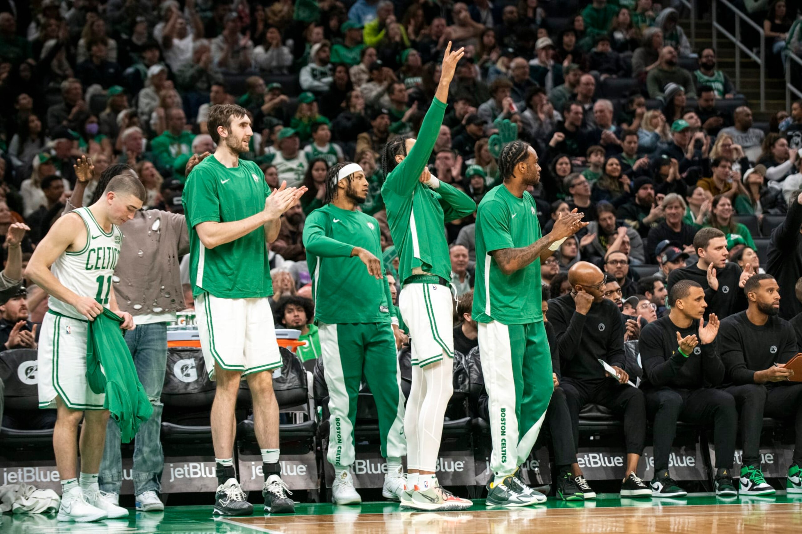 Boston, MA - November 26: The Boston Celtics bench cheers their teammates on in the fourth quarter. The Celtics beat the Atlanta Hawks, 113-103. (Photo by Tanner Pearson/The Boston Globe via Getty Images)