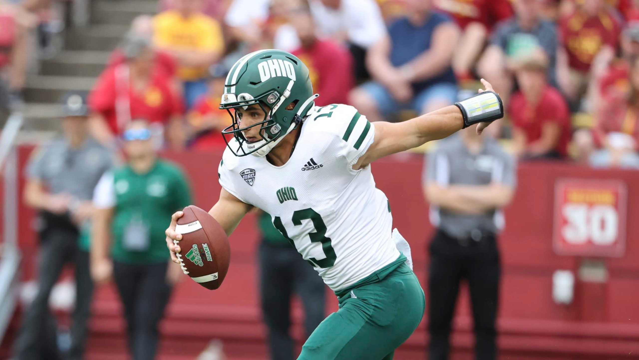 Ohio quarterback Parker Navarro (13) during an NCAA college football game, Saturday, Sept. 17, 2022, in Ames, Iowa. (AP Photo/Justin Hayworth) Ohio quarterback Parker Navarro (13) during an NCAA college football game, Saturday, Sept. 17, 2022, in Ames, Iowa. (AP Photo/Justin Hayworth)