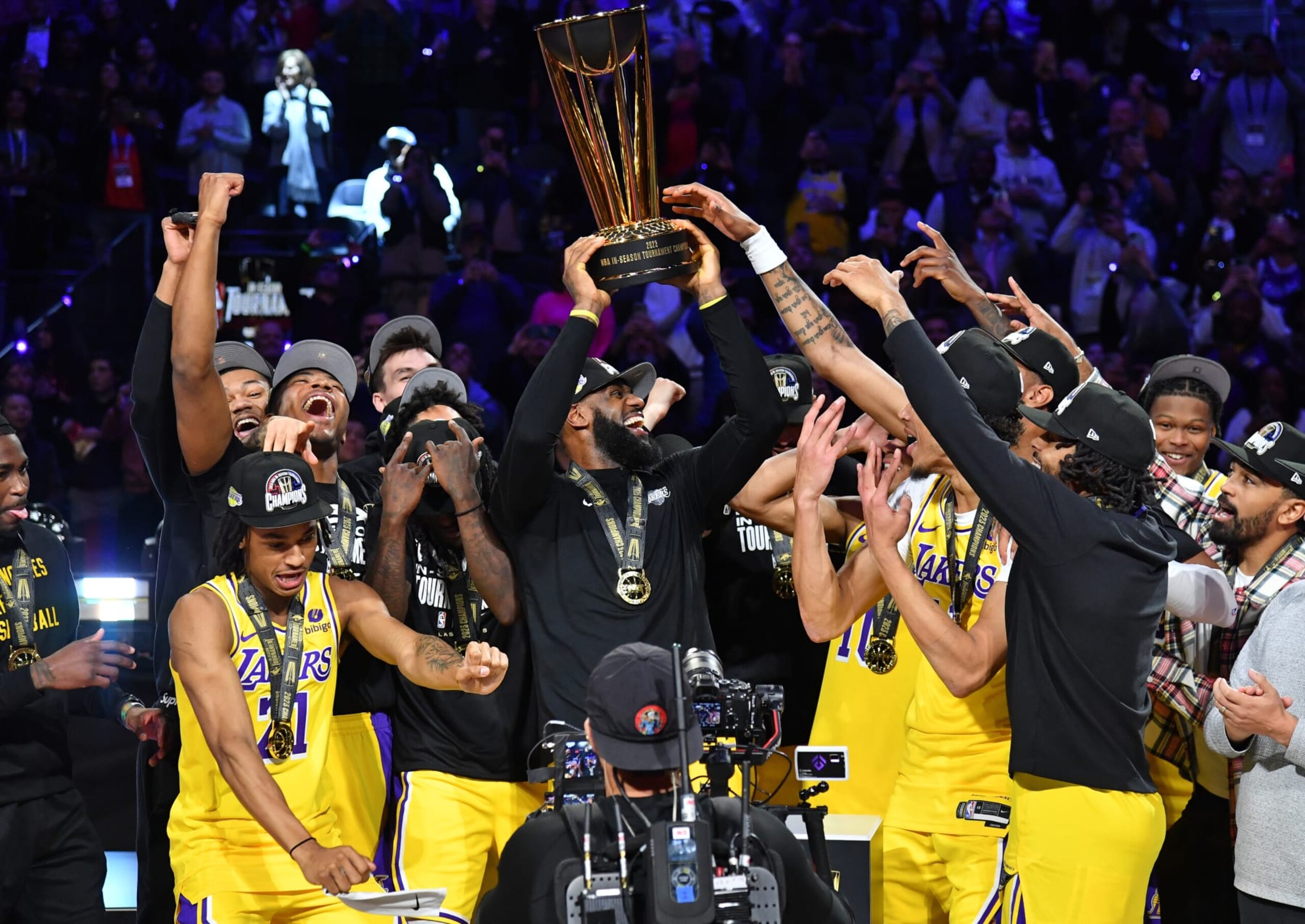 LAS VEGAS, NV - DECEMBER 9: The Los Angeles Lakers celebrate with the NBA Cup after winning the In-Season Tournament Championship game against the Indiana Pacers on December 9, 2023 at T-Mobile Arena in Las Vegas, Nevada. NOTE TO USER: User expressly acknowledges and agrees that, by downloading and or using this photograph, User is consenting to the terms and conditions of the Getty Images License Agreement. Mandatory Copyright Notice: Copyright 2023 NBAE (Photo by Juan Ocampo/NBAE via Getty Images)