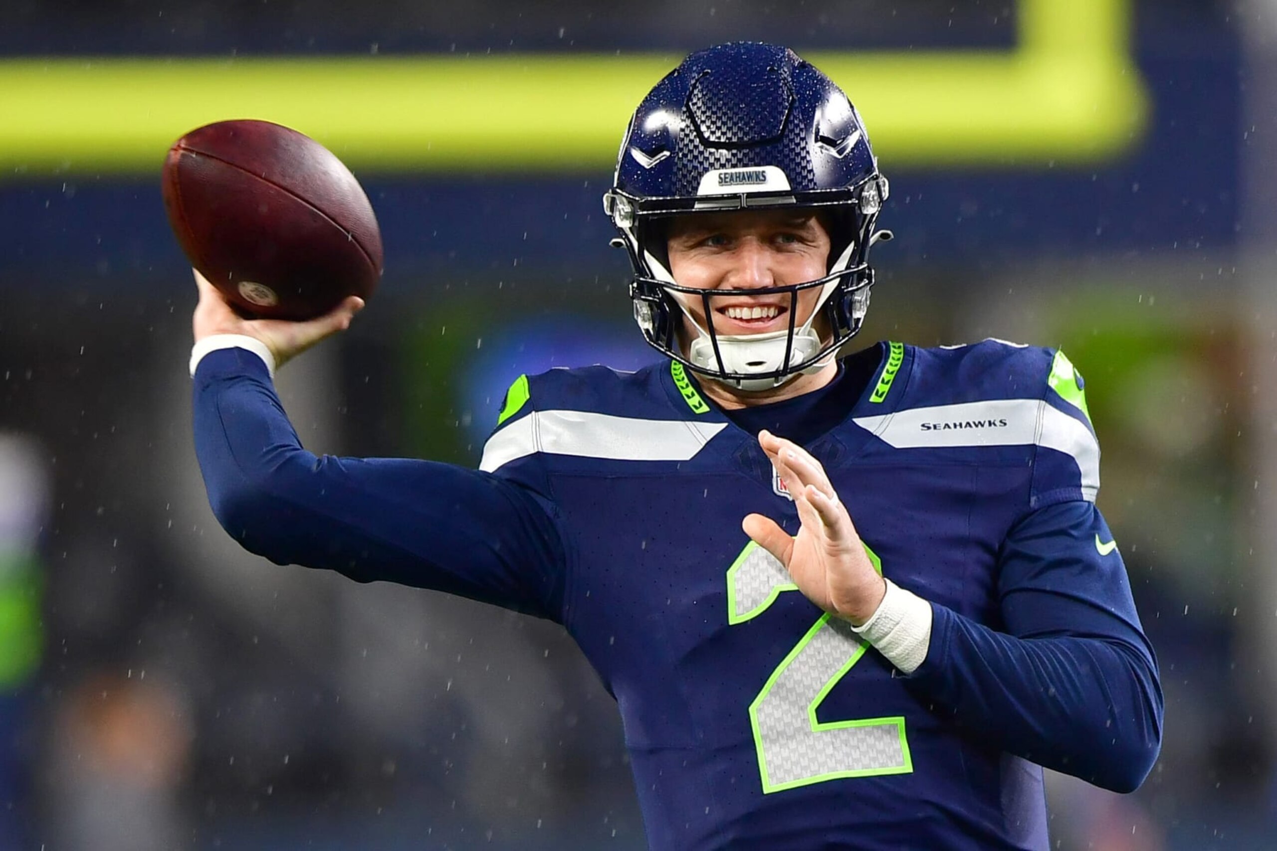 SEATTLE, WASHINGTON - DECEMBER 18: Drew Lock #2 of the Seattle Seahawks warms up before a game against the Philadelphia Eagles at Lumen Field on December 18, 2023 in Seattle, Washington. (Photo by Jane Gershovich/Getty Images)