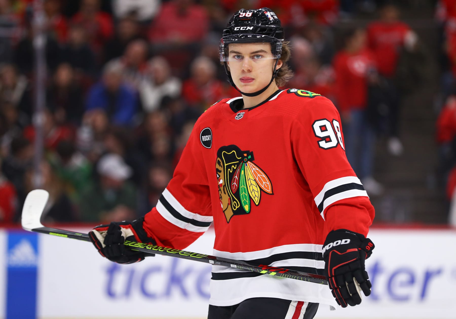 CHICAGO, IL - DECEMBER 17: Connor Bedard #98 of the Chicago Blackhawks looks on during the first period against the Vancouver Canucks at the United Center on December, 17, 2023 in Chicago, Illinois. (Photo by Melissa Tamez/Icon Sportswire via Getty Images)