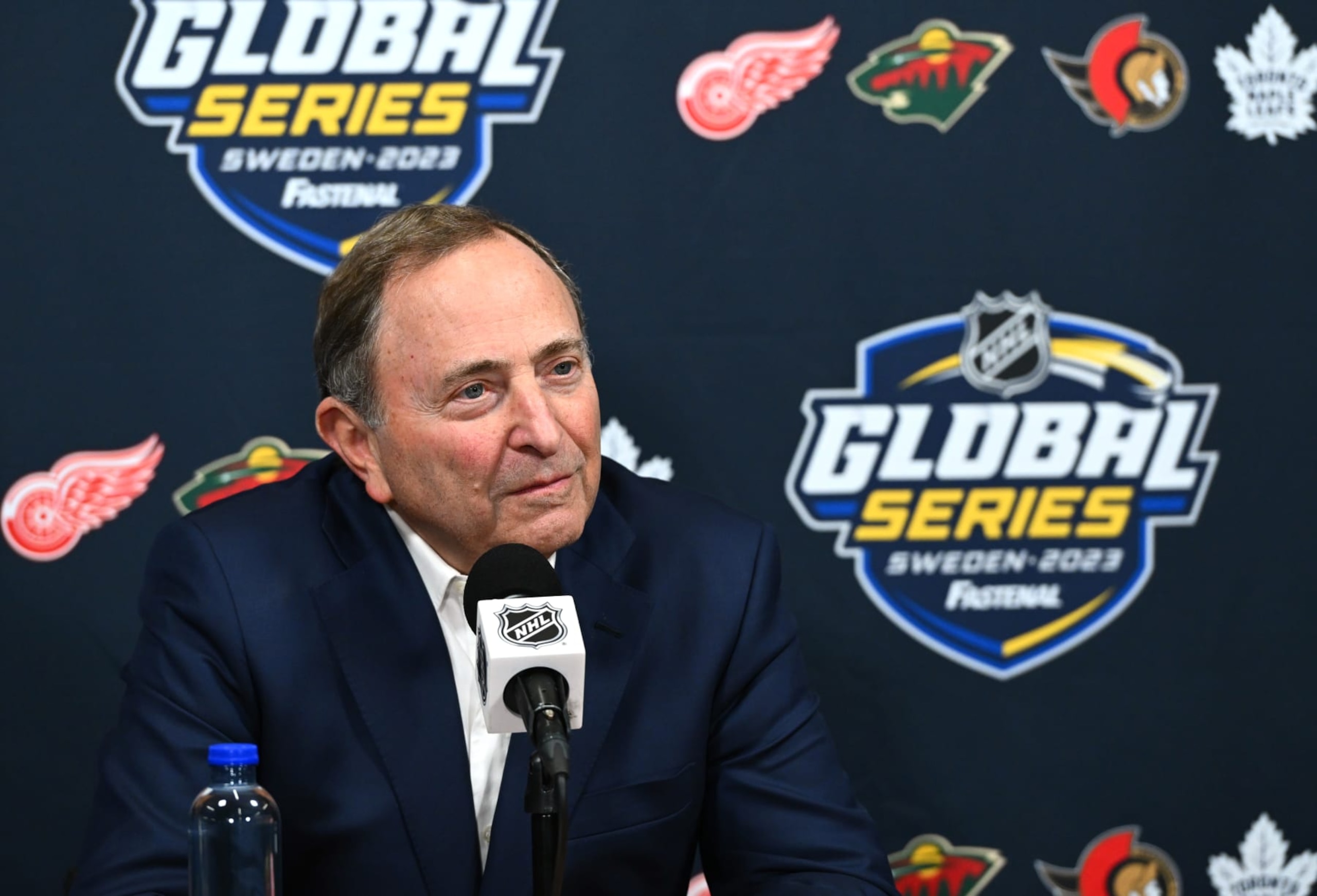 STOCKHOLM, SWEDEN - NOVEMBER 16: NHL Commissioner Gary Bettman speaks during a press conference before the 2023 NHL Global Series in Sweden between the Detroit Red Wings and the Ottawa Senators at Avicii Arena on November 16, 2023 in Stockholm, Sweden. (Photo by Ben Jackson/NHLI via Getty Images)