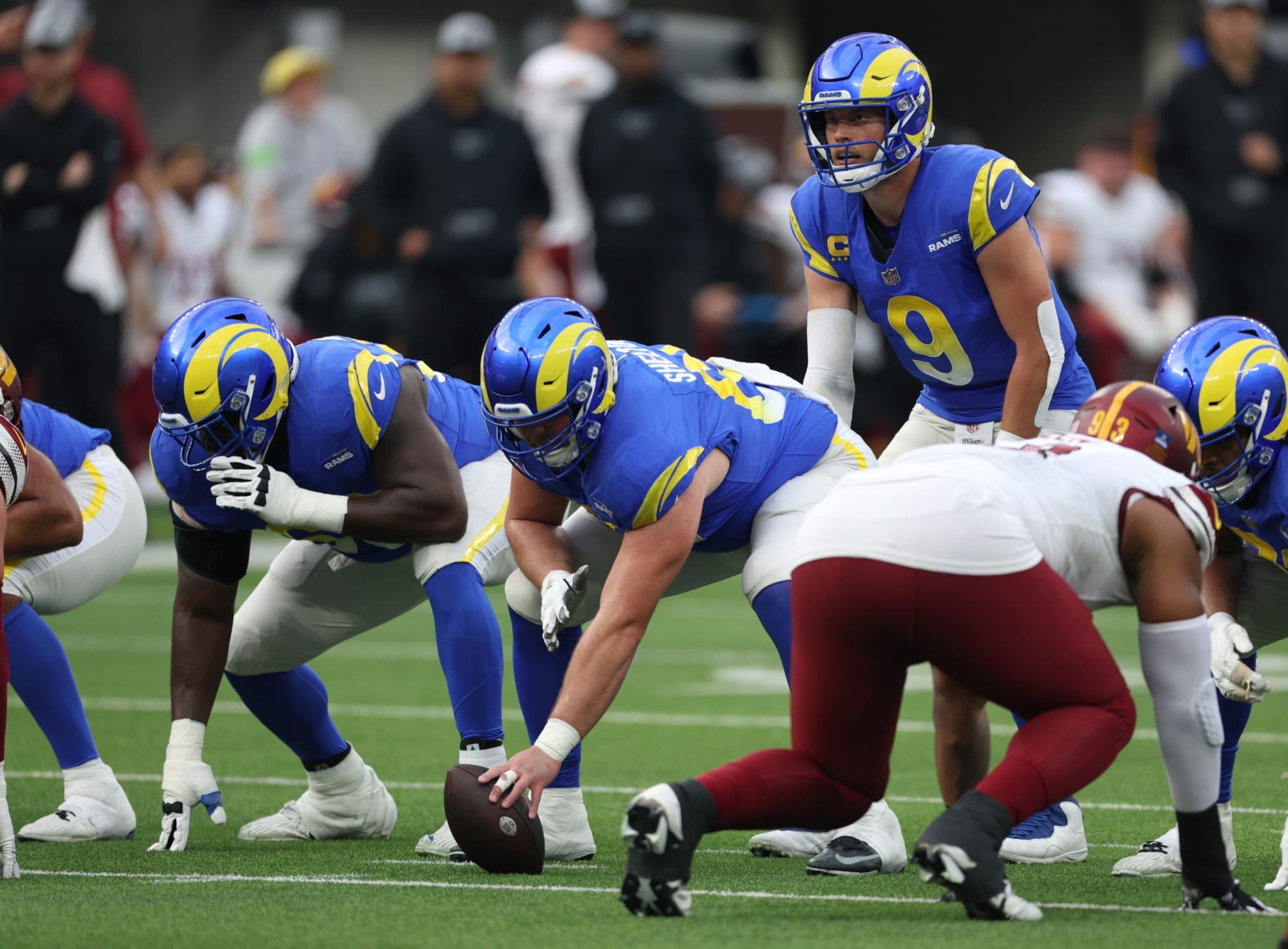 INGLEWOOD, CALIFORNIA - DECEMBER 17: Matthew Stafford #9 of the Los Angeles Rams lines up for a play during a 28-20 win over the Washington Commanders at SoFi Stadium on December 17, 2023 in Inglewood, California. (Photo by Harry How/Getty Images)