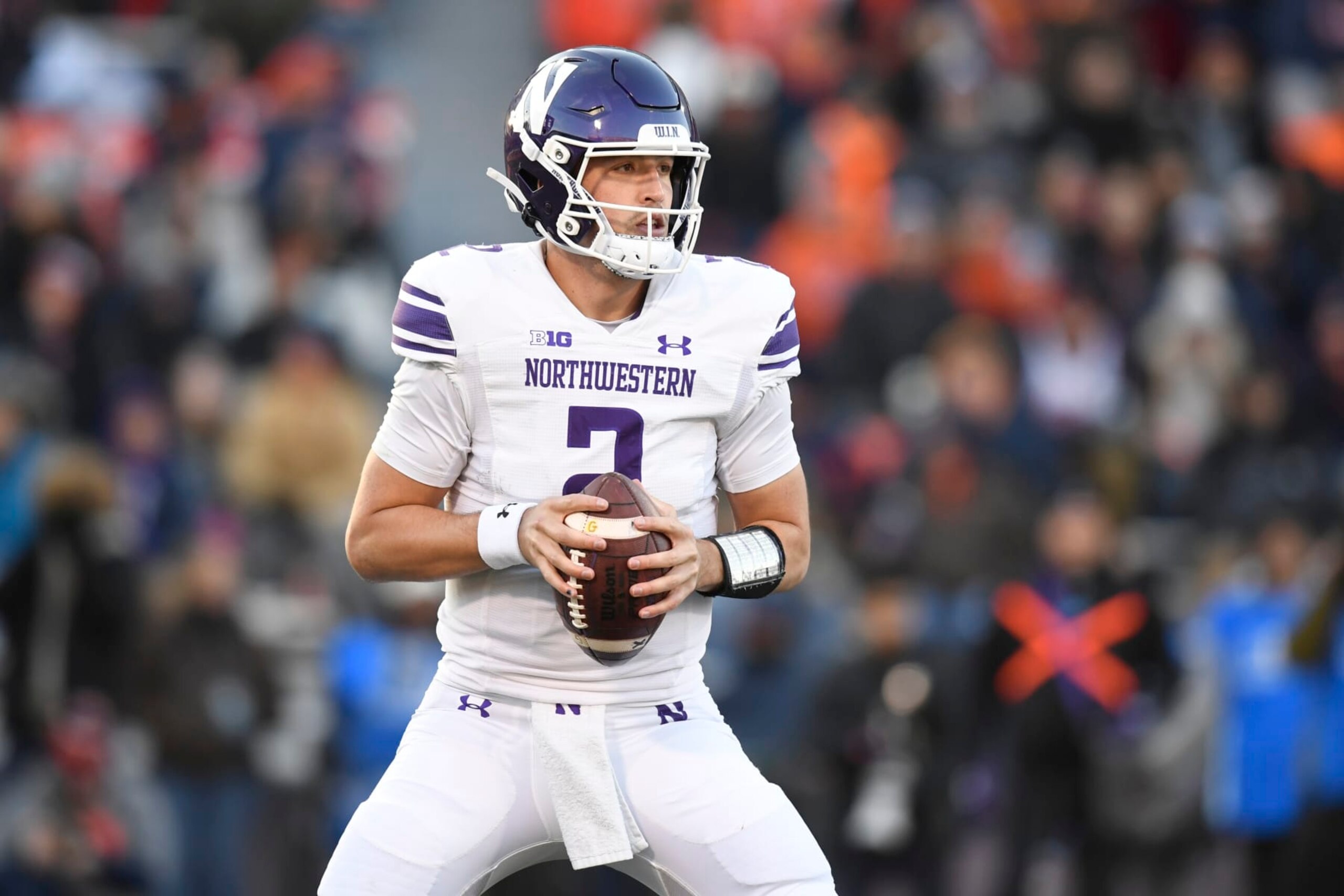 CHAMPAIGN, IL - NOVEMBER 25: Northwestern Wildcats Quarterback Ben Bryant (2) looks to pass during the college football game between the Northwestern Wildcats and the Illinois Fighting Illini on November 25, 2023, at Memorial Stadium in Champaign, Illinois. (Photo by Michael Allio/Icon Sportswire via Getty Images)