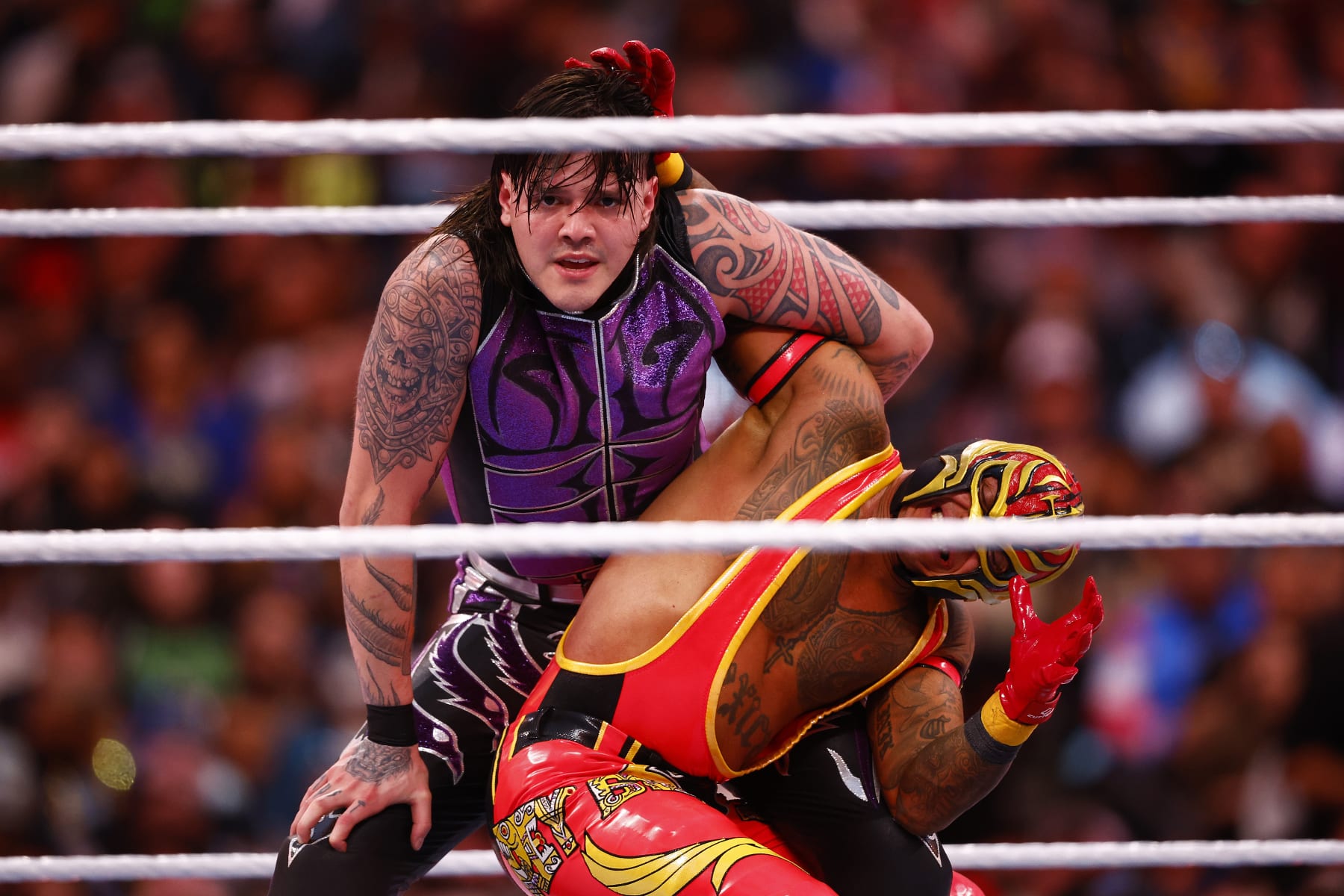 INGLEWOOD, CALIFORNIA - APRIL 01:  Dominik Mysterio wrestles Rey Mysterio during WrestleMania Goes Hollywood at SoFi Stadium on April 01, 2023 in Inglewood, California. (Photo by Ronald Martinez/Getty Images)
