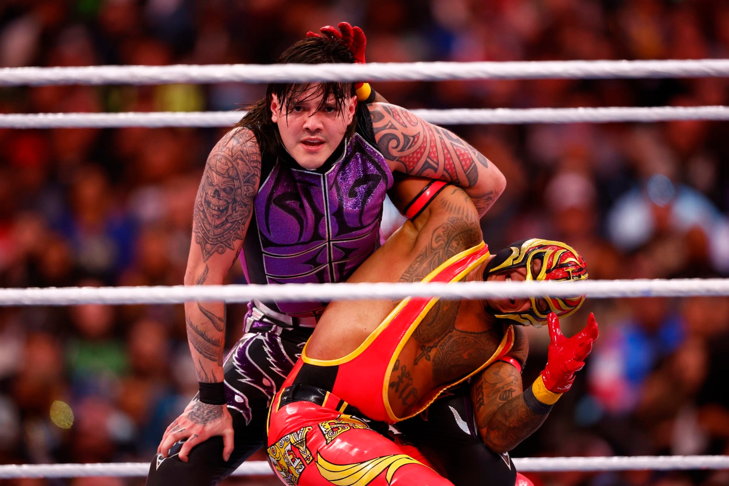 INGLEWOOD, CALIFORNIA - APRIL 01:  Dominik Mysterio wrestles Rey Mysterio during WrestleMania Goes Hollywood at SoFi Stadium on April 01, 2023 in Inglewood, California. (Photo by Ronald Martinez/Getty Images)