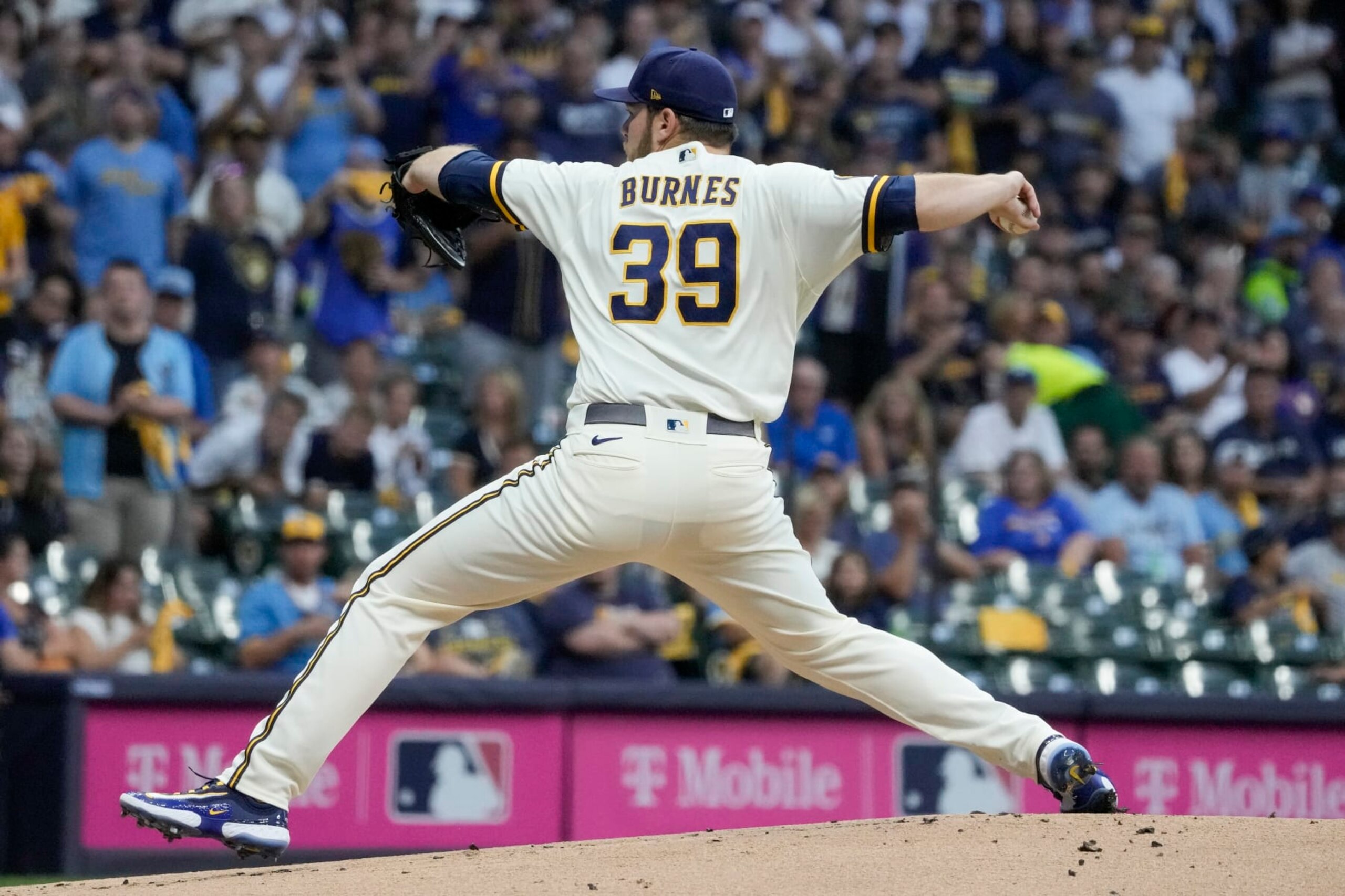 Milwaukee Brewers starting pitcher Corbin Burnes throws during the first inning of a Game 1 of their National League wildcard baseball game against the Arizona Diamondbacks Tuesday, Oct. 3, 2023, in Milwaukee. (AP Photo/Morry Gash)