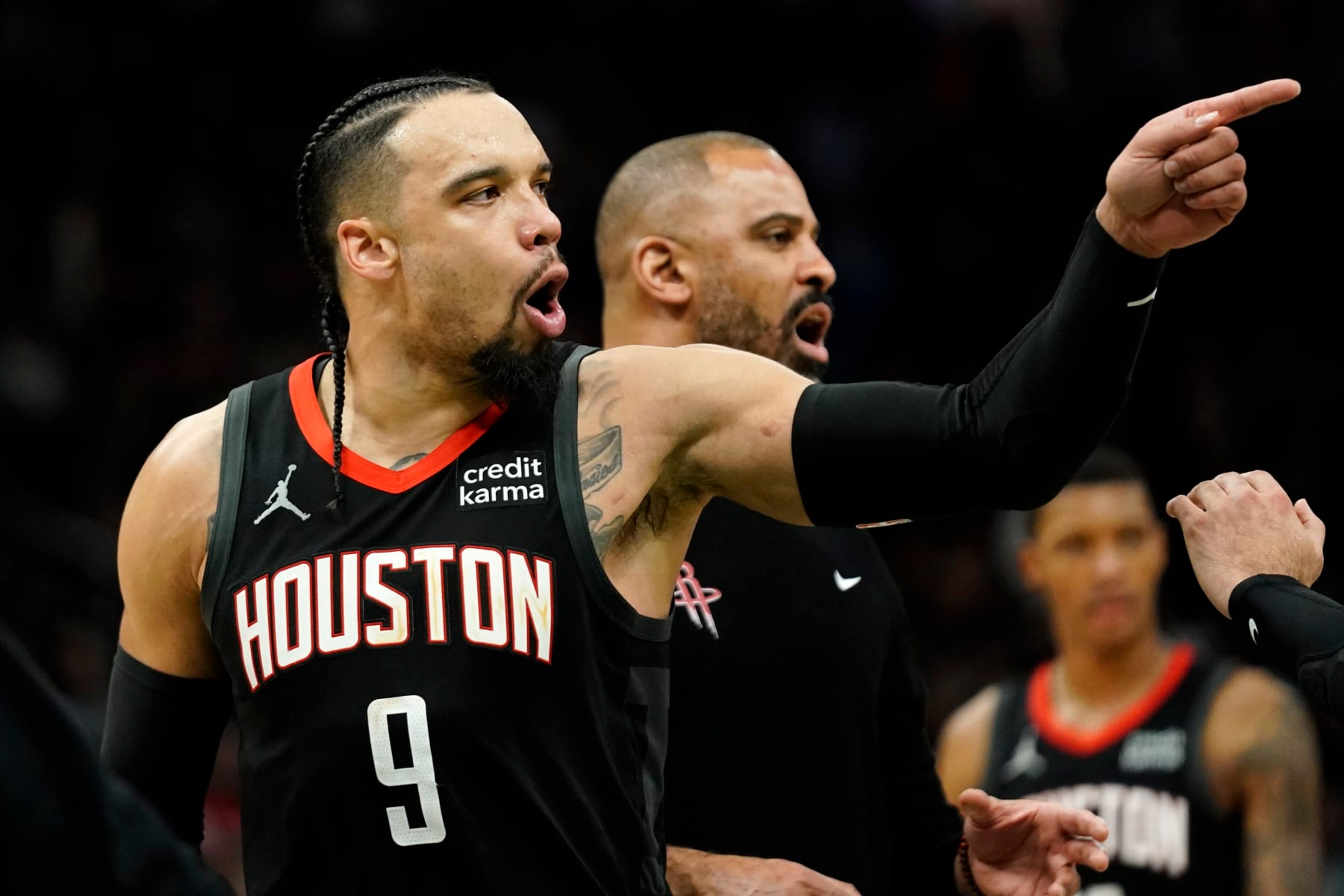 Houston Rockets' Dillon Brooks (9) yells to an official after being ejected during the second half of an NBA basketball game against the Milwaukee Bucks, Sunday, Dec. 17, 2023, in Milwaukee. (AP Photo/Aaron Gash) Houston Rockets' Dillon Brooks (9) yells to an official after being ejected during the second half of an NBA basketball game against the Milwaukee Bucks, Sunday, Dec. 17, 2023, in Milwaukee. (AP Photo/Aaron Gash)