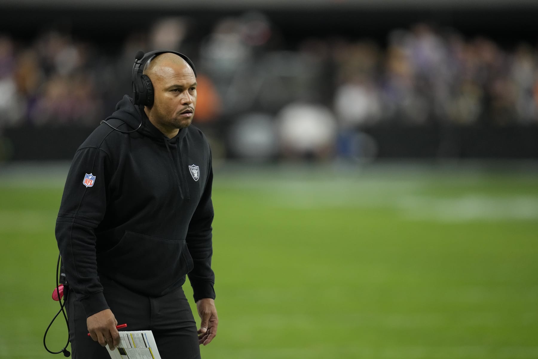 Las Vegas Raiders interim head coach Antonio Pierce watches against the Minnesota Vikings during an NFL football game, Sunday, Dec. 10, 2023, in Las Vegas. (AP Photo/John Locher)