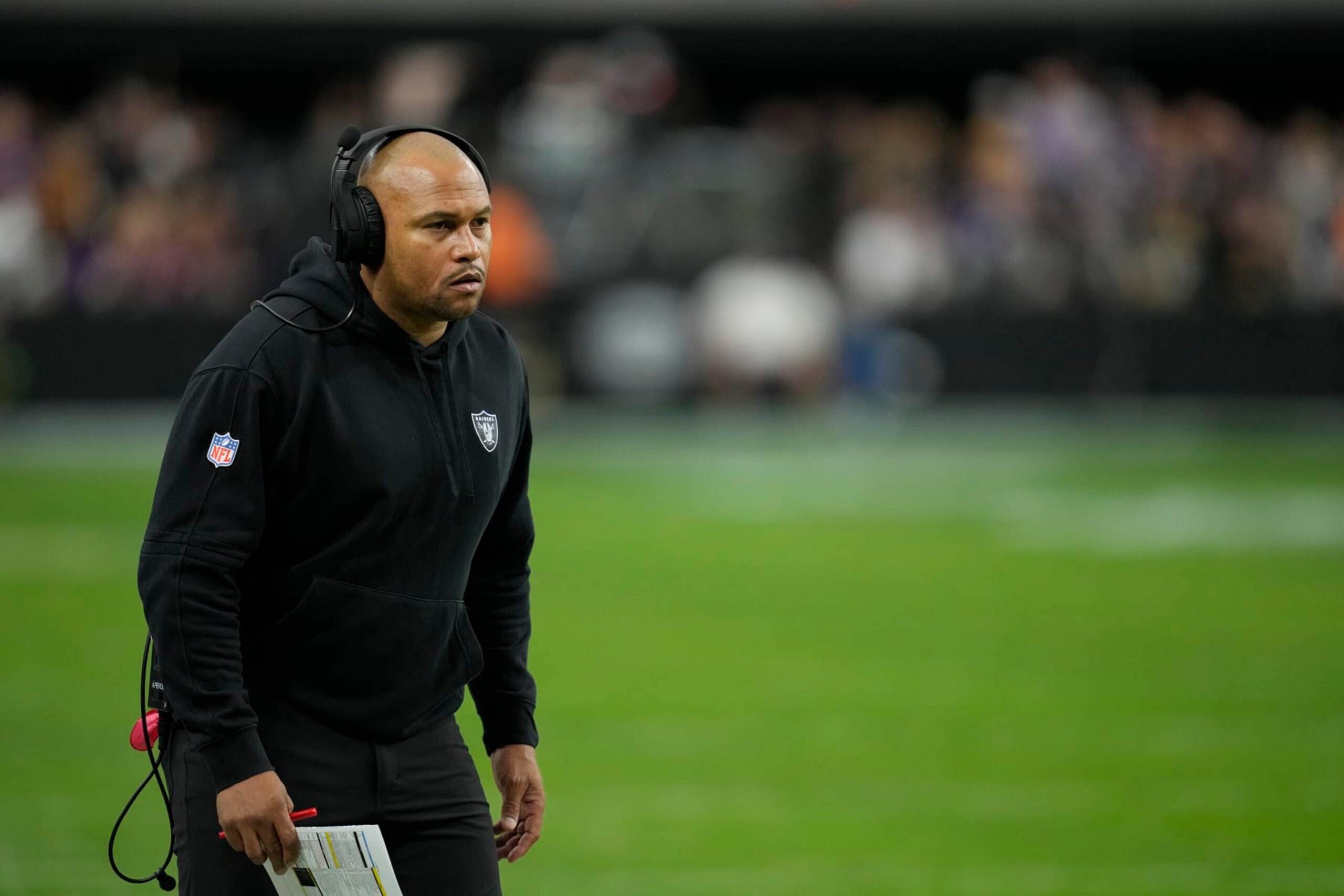 Las Vegas Raiders interim head coach Antonio Pierce watches against the Minnesota Vikings during an NFL football game, Sunday, Dec. 10, 2023, in Las Vegas. (AP Photo/John Locher)