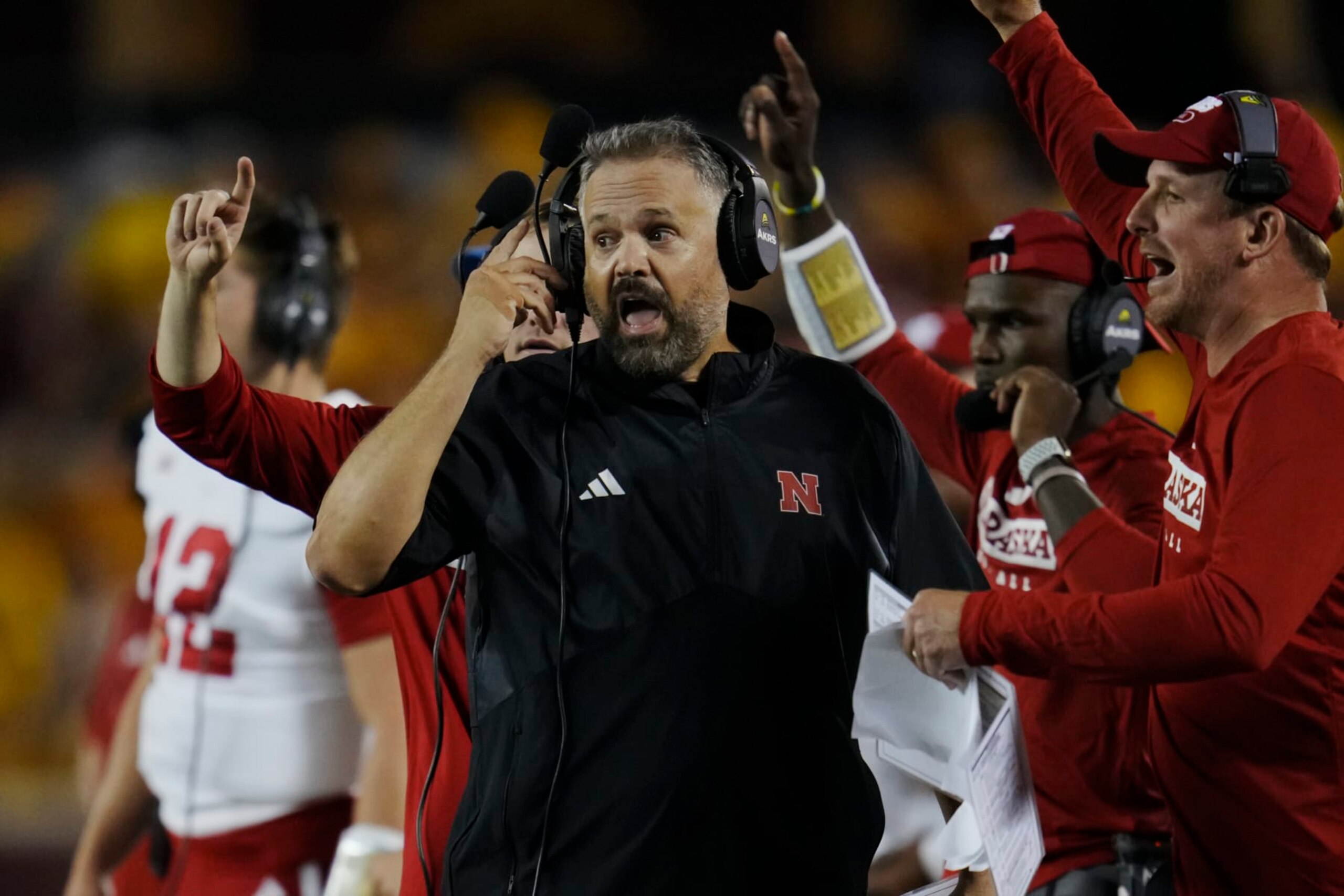 Nebraska head coach Matt Rhule reacts during the second half of an NCAA college football game against Minnesota, Thursday, Aug. 31, 2023, in Minneapolis. (AP Photo/Abbie Parr)