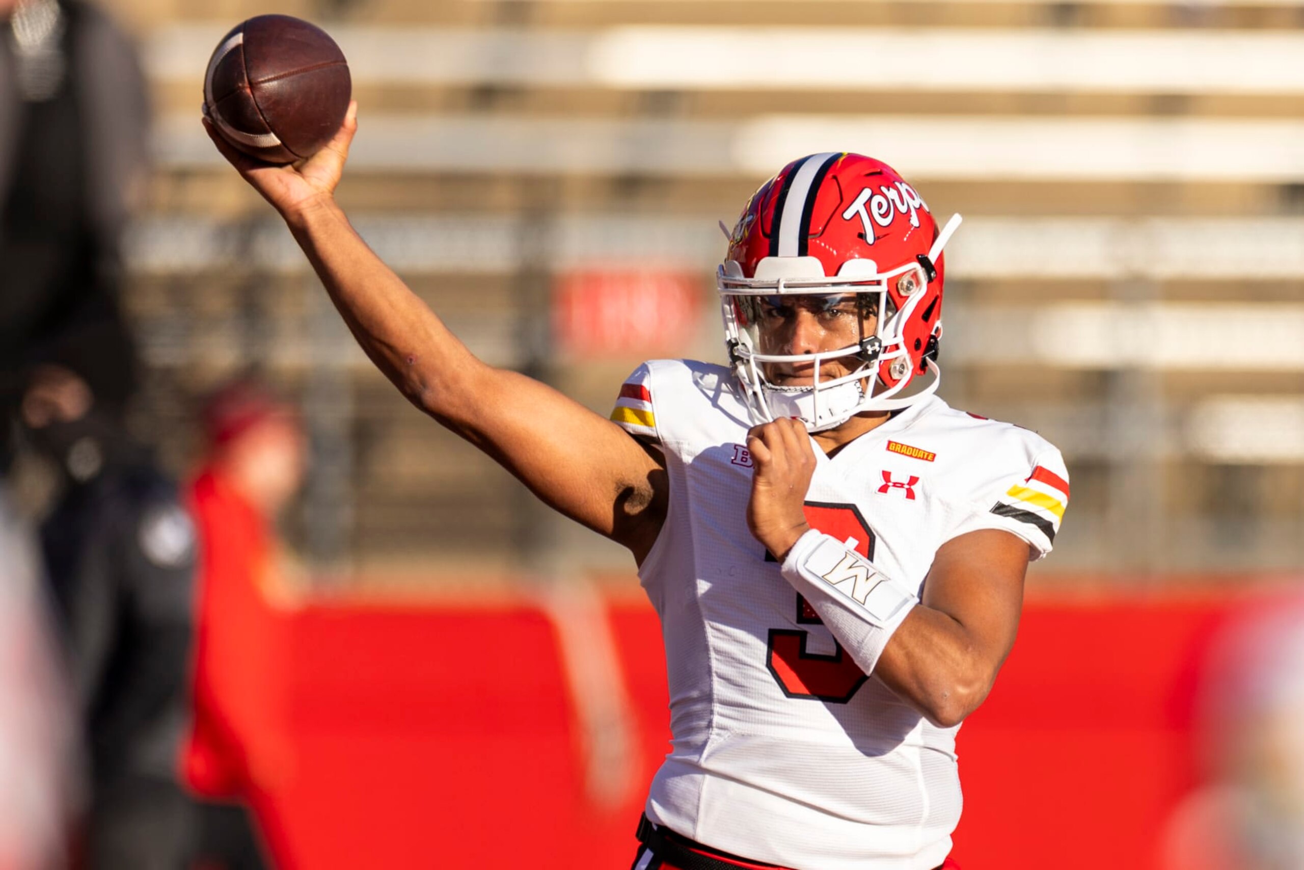 Maryland quarterback Taulia Tagovailoa (3) warms up before an NCAA college football game against Rutgers, Saturday, Nov. 25, 2023, in Piscataway, N.J. (AP Photo/Corey Sipkin) Maryland quarterback Taulia Tagovailoa (3) warms up before an NCAA college football game against Rutgers, Saturday, Nov. 25, 2023, in Piscataway, N.J. (AP Photo/Corey Sipkin)
