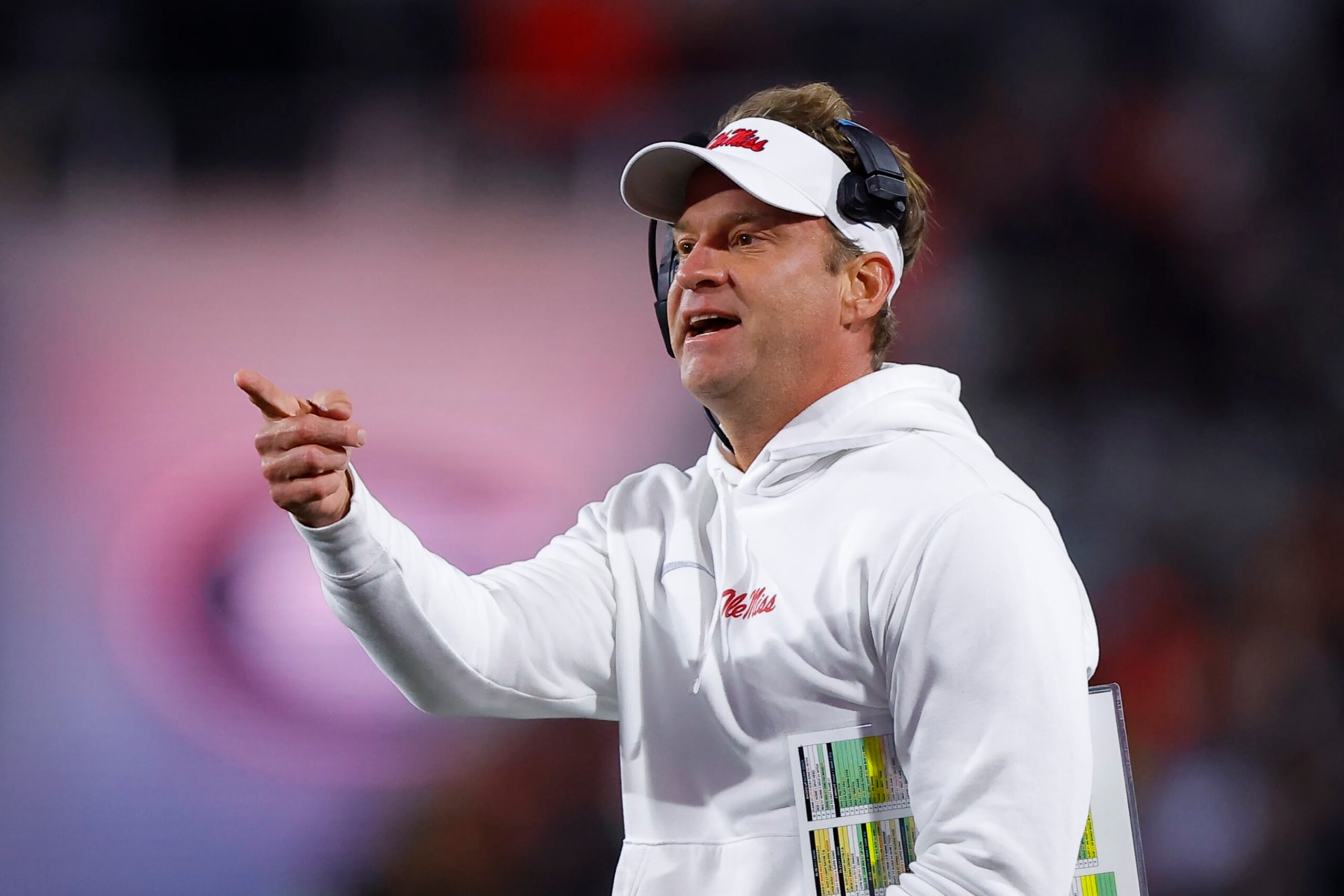 ATHENS, GEORGIA - NOVEMBER 11: Head coach Lane Kiffin of the Mississippi Rebels looks on during the first half against the Georgia Bulldogs at Sanford Stadium on November 11, 2023 in Athens, Georgia. (Photo by Todd Kirkland/Getty Images)