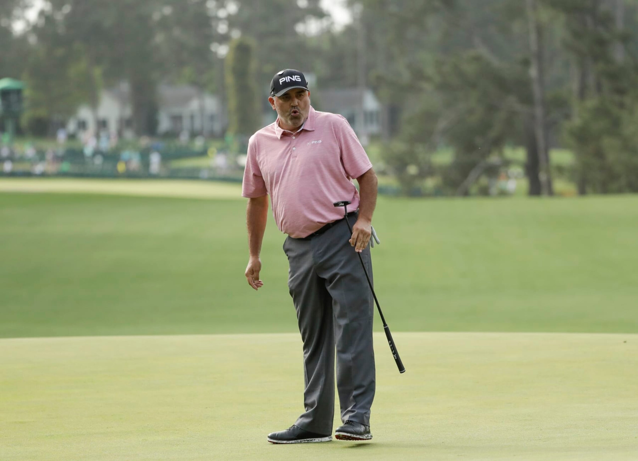Angel Cabrera, of Argentina, reacts to his putt on the first hole during the first round for the Masters golf tournament Thursday, April 11, 2019, in Augusta, Ga. (AP Photo/Marcio Jose Sanchez) Angel Cabrera, of Argentina, reacts to his putt on the first hole during the first round for the Masters golf tournament Thursday, April 11, 2019, in Augusta, Ga. (AP Photo/Marcio Jose Sanchez)