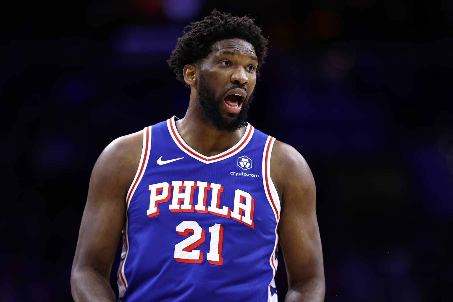 PHILADELPHIA, PENNSYLVANIA - DECEMBER 18: Joel Embiid #21 of the Philadelphia 76ers reacts against the Chicago Bulls at the Wells Fargo Center on December 18, 2023 in Philadelphia, Pennsylvania. NOTE TO USER: User expressly acknowledges and agrees that, by downloading and or using this photograph, User is consenting to the terms and conditions of the Getty Images License Agreement. (Photo by Tim Nwachukwu/Getty Images)