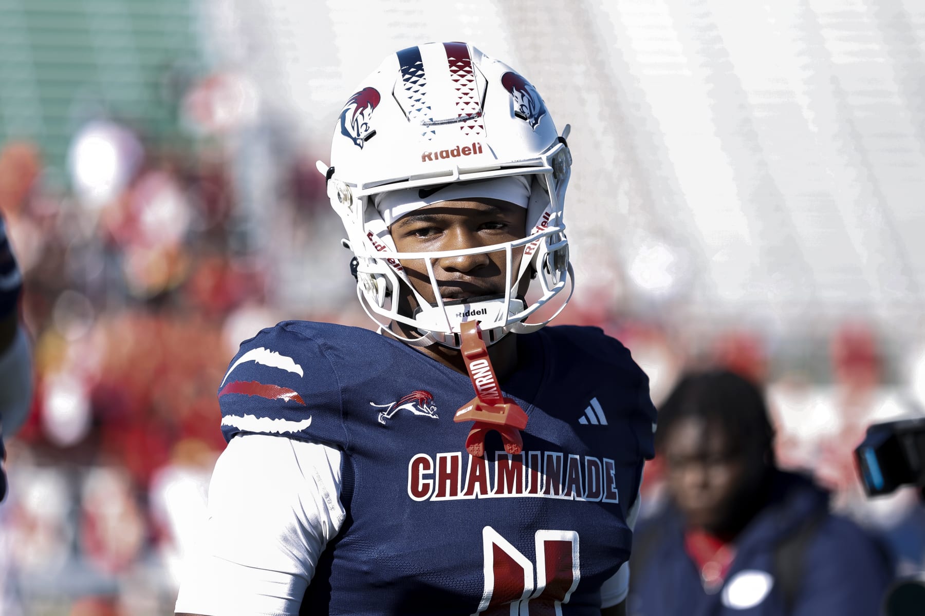 TALLAHASSEE, FLORIDA - DECEMBER 07: Wide Receiver Jeremiah Smith #4 of the Chaminade-Madonna Lions on the sidelines during the FHSAA Class1M Football State Championship game against the Clearwater Central Catholic Marauders at Bragg Memorial Stadium on Ken Riley Field on the campus of Florida A&M University on December 7, 2023 in Tallahassee, Florida. Smith is a 5-star Wide Receiver recruit and the #1 collegiate prospect in the nation. He has committed to the Ohio State Buckeyes. The Lions defeated the Marauders 56 to 0. (Photo by Don Juan Moore/Getty Images)