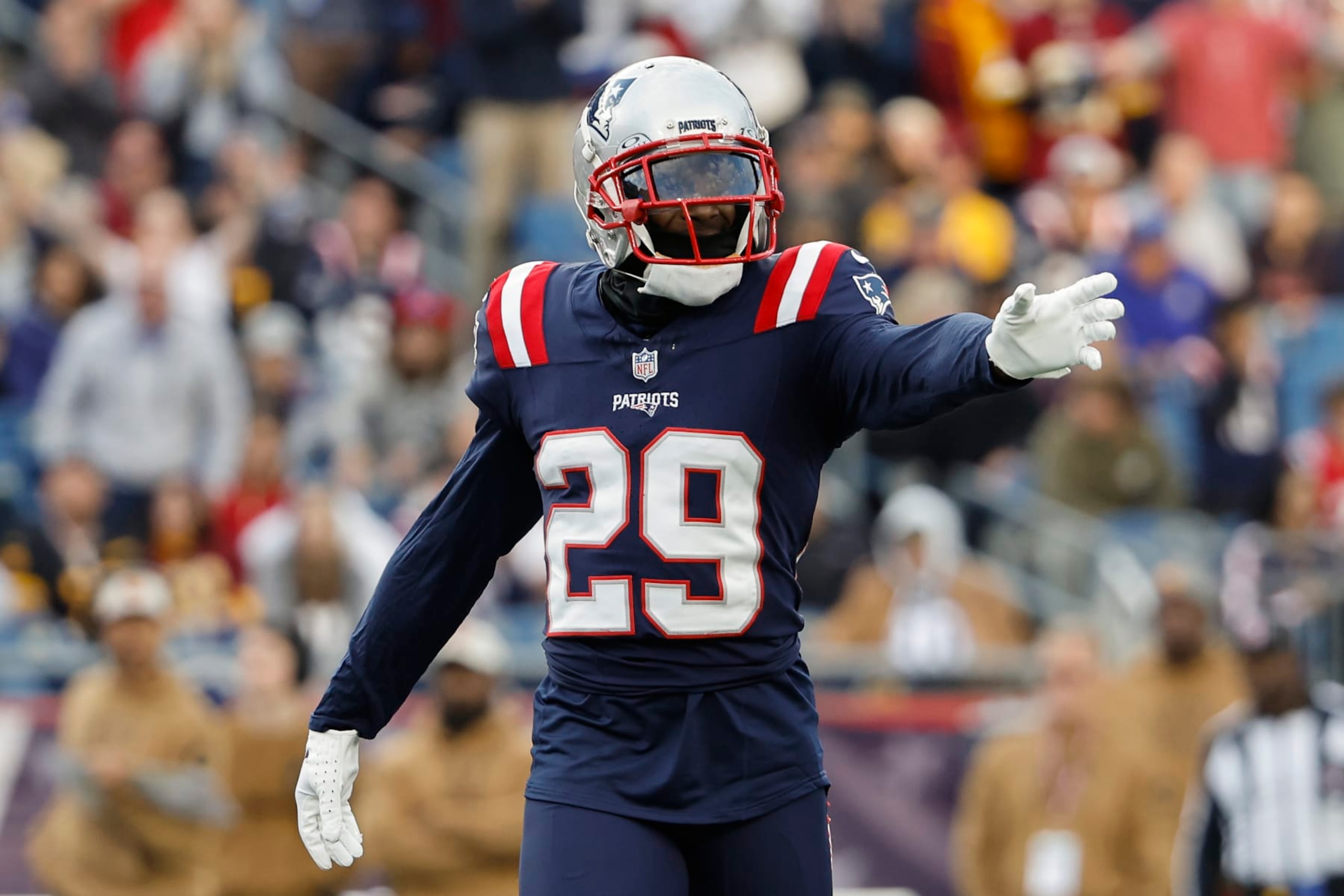 New England Patriots cornerback J.C. Jackson during an NFL football game against the Washington Commanders at Gillette Stadium, Sunday Nov. 5, 2023 in Foxborough, Mass. (Winslow Townson/AP Images for Panini)