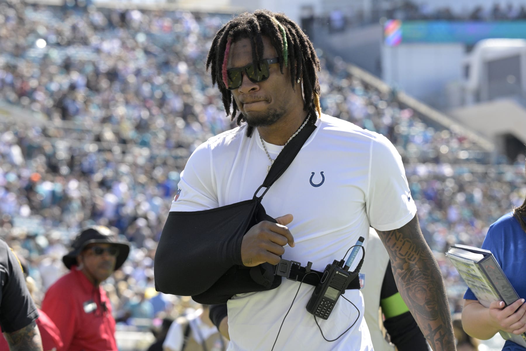 Indianapolis Colts quarterback Anthony Richardson leaves the field after the first half of an NFL football game against the Jacksonville Jaguars, Sunday, Oct. 15, 2023, in Jacksonville, Fla. (AP Photo/Phelan M. Ebenhack)