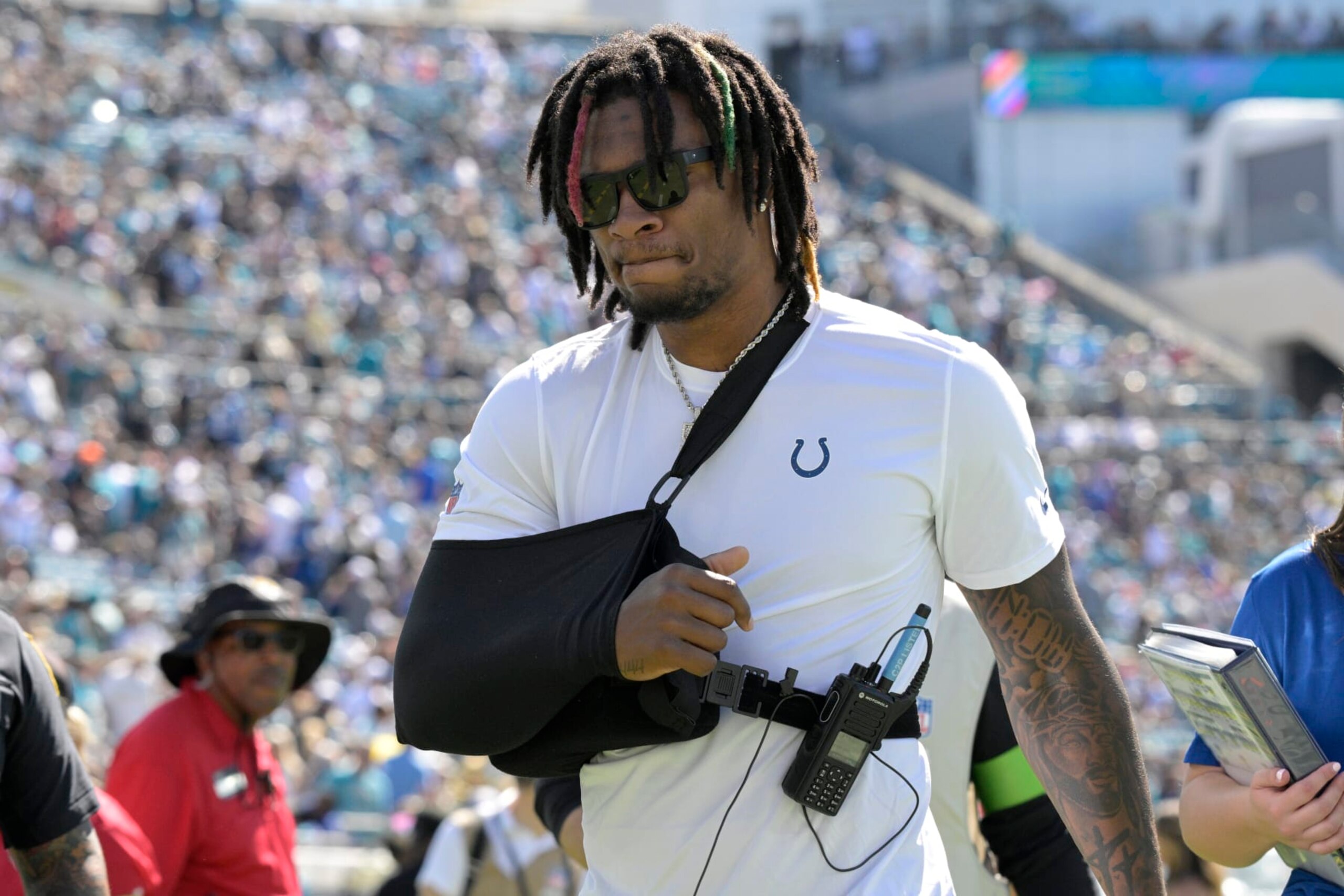Indianapolis Colts quarterback Anthony Richardson leaves the field after the first half of an NFL football game against the Jacksonville Jaguars, Sunday, Oct. 15, 2023, in Jacksonville, Fla. (AP Photo/Phelan M. Ebenhack)