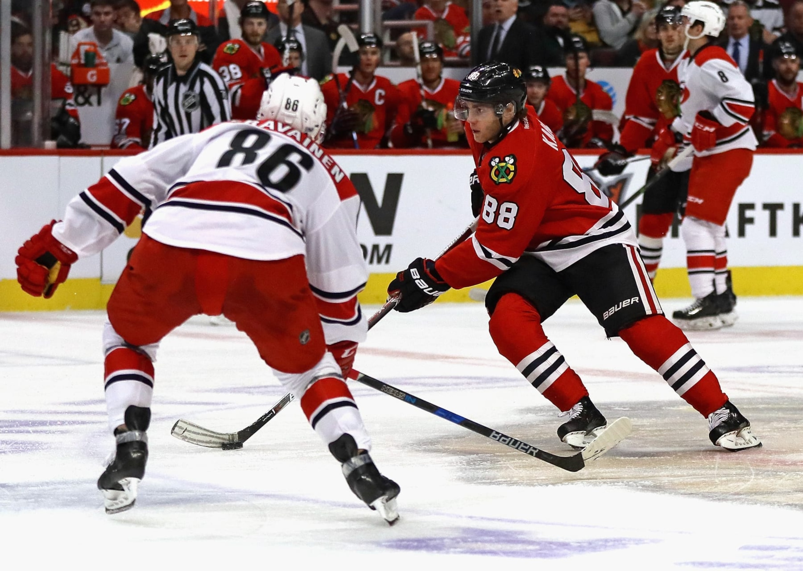 CHICAGO, IL - JANUARY 06: Patrick Kane #88 of the Chicago Blackhawks skates against Teuvo Teravainen #86 of the Carolina Hurricanes at the United Center on January 6, 2017 in Chicago, Illinois. The Blackhawks defeated the Hurricanes 2-1. (Photo by Jonathan Daniel/Getty Images) CHICAGO, IL - JANUARY 06: Patrick Kane #88 of the Chicago Blackhawks skates against Teuvo Teravainen #86 of the Carolina Hurricanes at the United Center on January 6, 2017 in Chicago, Illinois. The Blackhawks defeated the Hurricanes 2-1. (Photo by Jonathan Daniel/Getty Images)