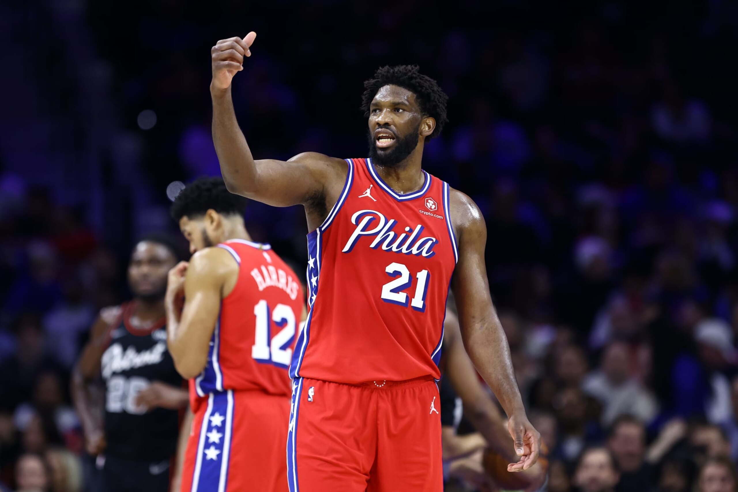 PHILADELPHIA, PENNSYLVANIA - DECEMBER 15: Joel Embiid #21 of the Philadelphia 76ers reacts during the second quarter against the Detroit Pistons at the Wells Fargo Center on December 15, 2023 in Philadelphia, Pennsylvania. NOTE TO USER: User expressly acknowledges and agrees that, by downloading and or using this photograph, User is consenting to the terms and conditions of the Getty Images License Agreement. (Photo by Tim Nwachukwu/Getty Images)