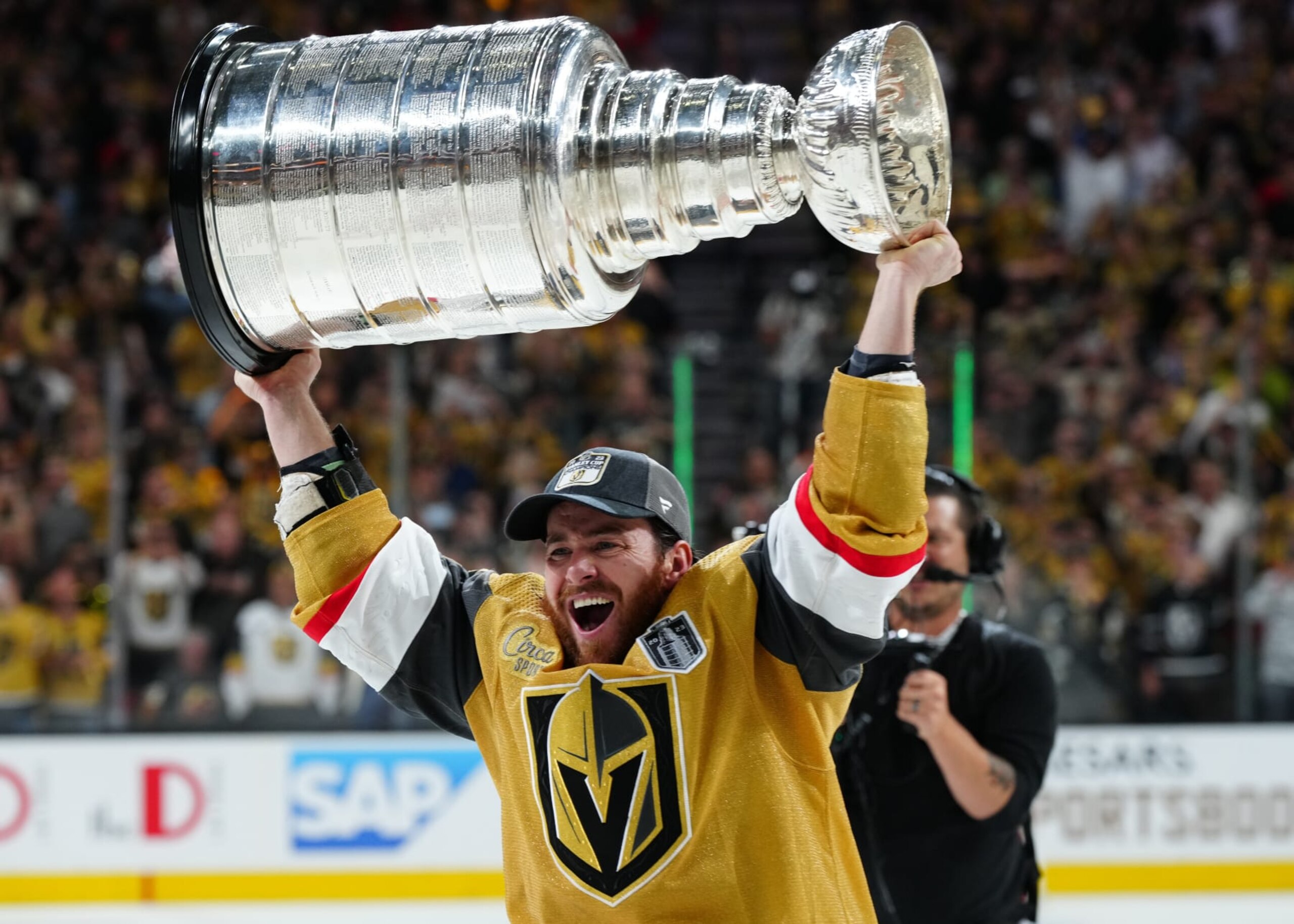 LAS VEGAS, NEVADA - JUNE 13: Jonathan Marchessault #81 of the Vegas Golden Knights celebrates with the Stanley Cup after a 9-3 victory against the Florida Panthers in Game Five of the 2023 NHL Stanley Cup Final at T-Mobile Arena on June 13, 2023 in Las Vegas, Nevada. (Photo by Jeff Bottari/NHLI via Getty Images) LAS VEGAS, NEVADA - JUNE 13: Jonathan Marchessault #81 of the Vegas Golden Knights celebrates with the Stanley Cup after a 9-3 victory against the Florida Panthers in Game Five of the 2023 NHL Stanley Cup Final at T-Mobile Arena on June 13, 2023 in Las Vegas, Nevada. (Photo by Jeff Bottari/NHLI via Getty Images)