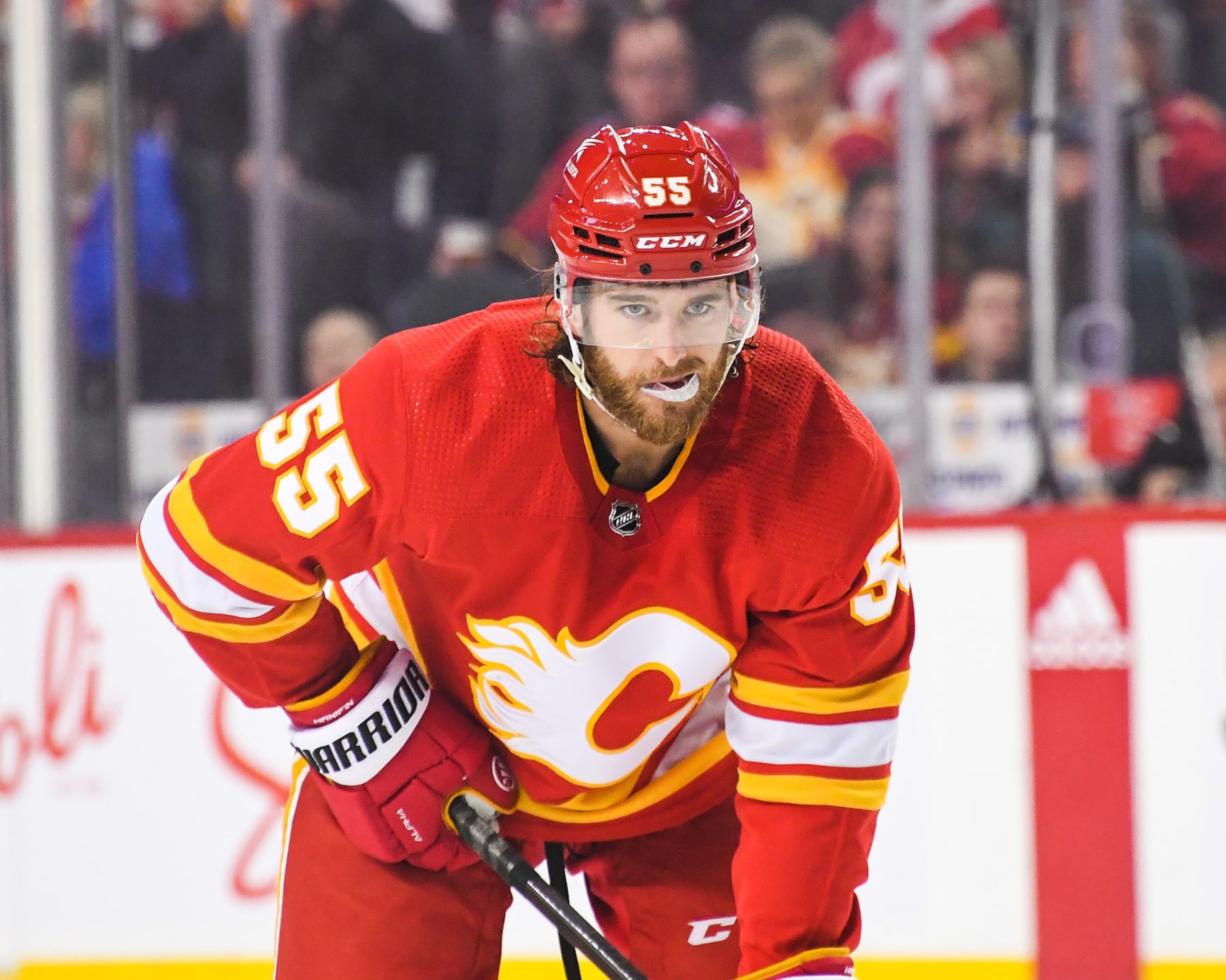 CALGARY, CANADA - DECEMBER 16: Noah Hanifin #55 of the Calgary Flames in action against the Tampa Bay Lightning during an NHL game at Scotiabank Saddledome on December 16, 2023 in Calgary, Alberta, Canada. (Photo by Derek Leung/Getty Images) CALGARY, CANADA - DECEMBER 16: Noah Hanifin #55 of the Calgary Flames in action against the Tampa Bay Lightning during an NHL game at Scotiabank Saddledome on December 16, 2023 in Calgary, Alberta, Canada. (Photo by Derek Leung/Getty Images)