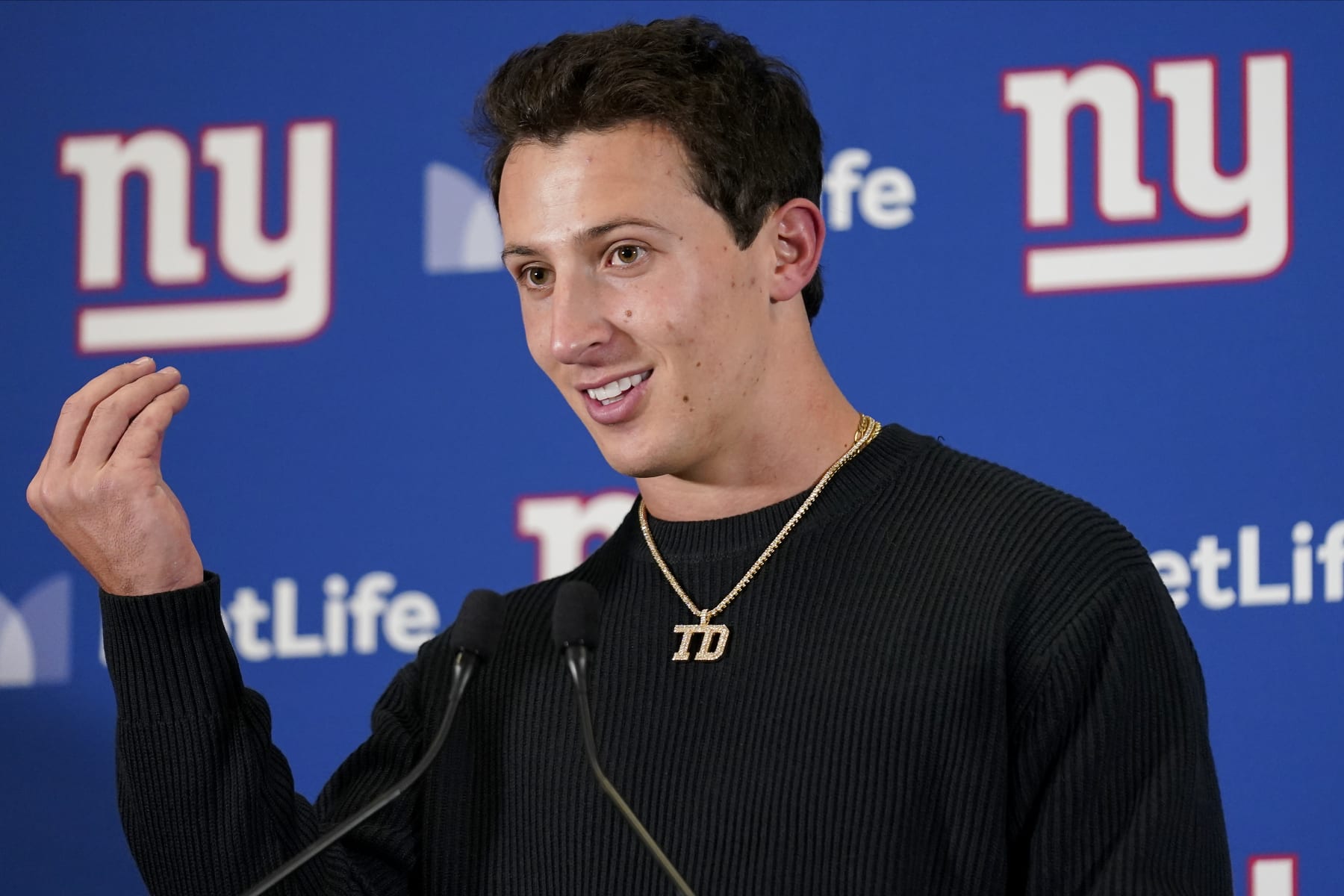 New York Giants quarterback Tommy DeVito answers questions during a news conference after playing against the New England Patriots in an NFL football game, Sunday, Nov. 26, 2023, in East Rutherford, N.J. (AP Photo/Seth Wenig)