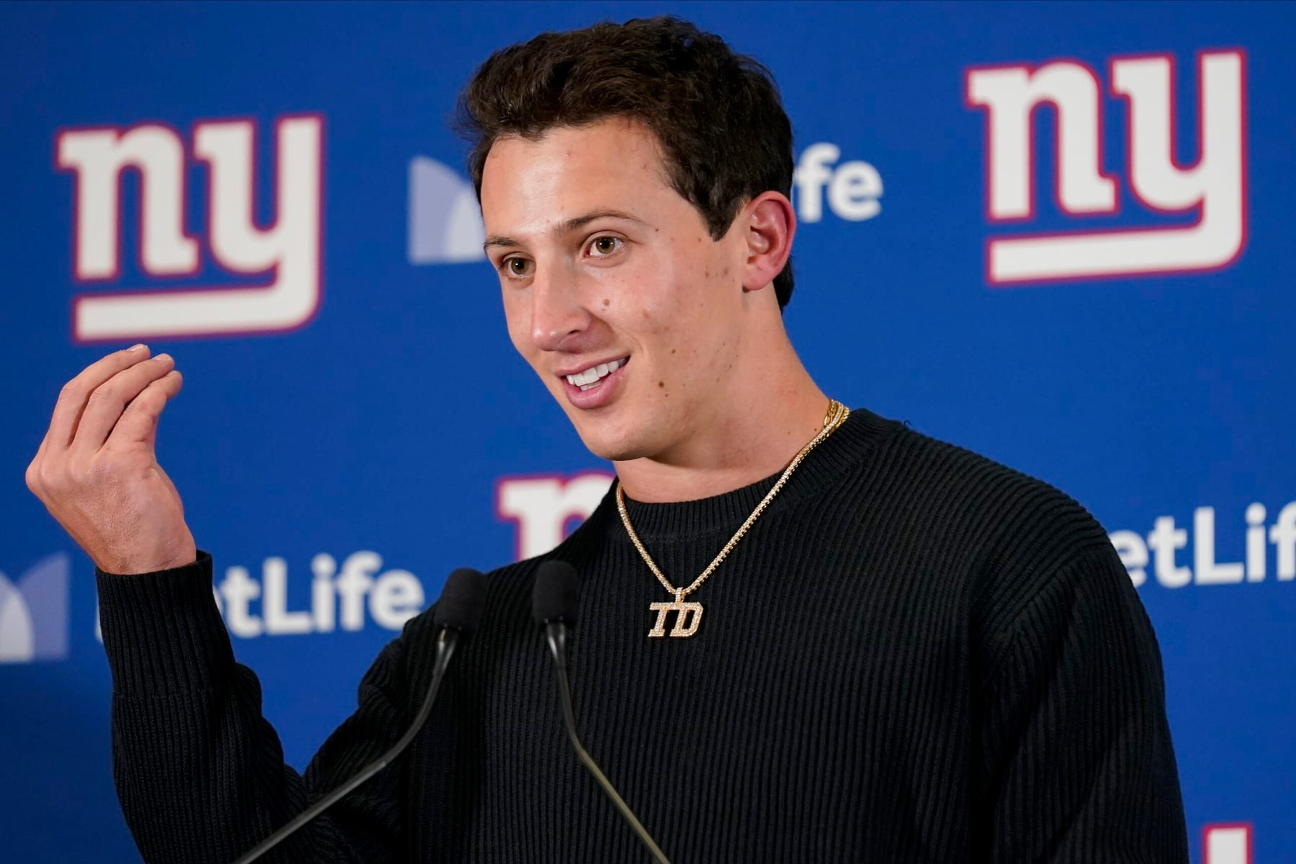 New York Giants quarterback Tommy DeVito answers questions during a news conference after playing against the New England Patriots in an NFL football game, Sunday, Nov. 26, 2023, in East Rutherford, N.J. (AP Photo/Seth Wenig) New York Giants quarterback Tommy DeVito answers questions during a news conference after playing against the New England Patriots in an NFL football game, Sunday, Nov. 26, 2023, in East Rutherford, N.J. (AP Photo/Seth Wenig)