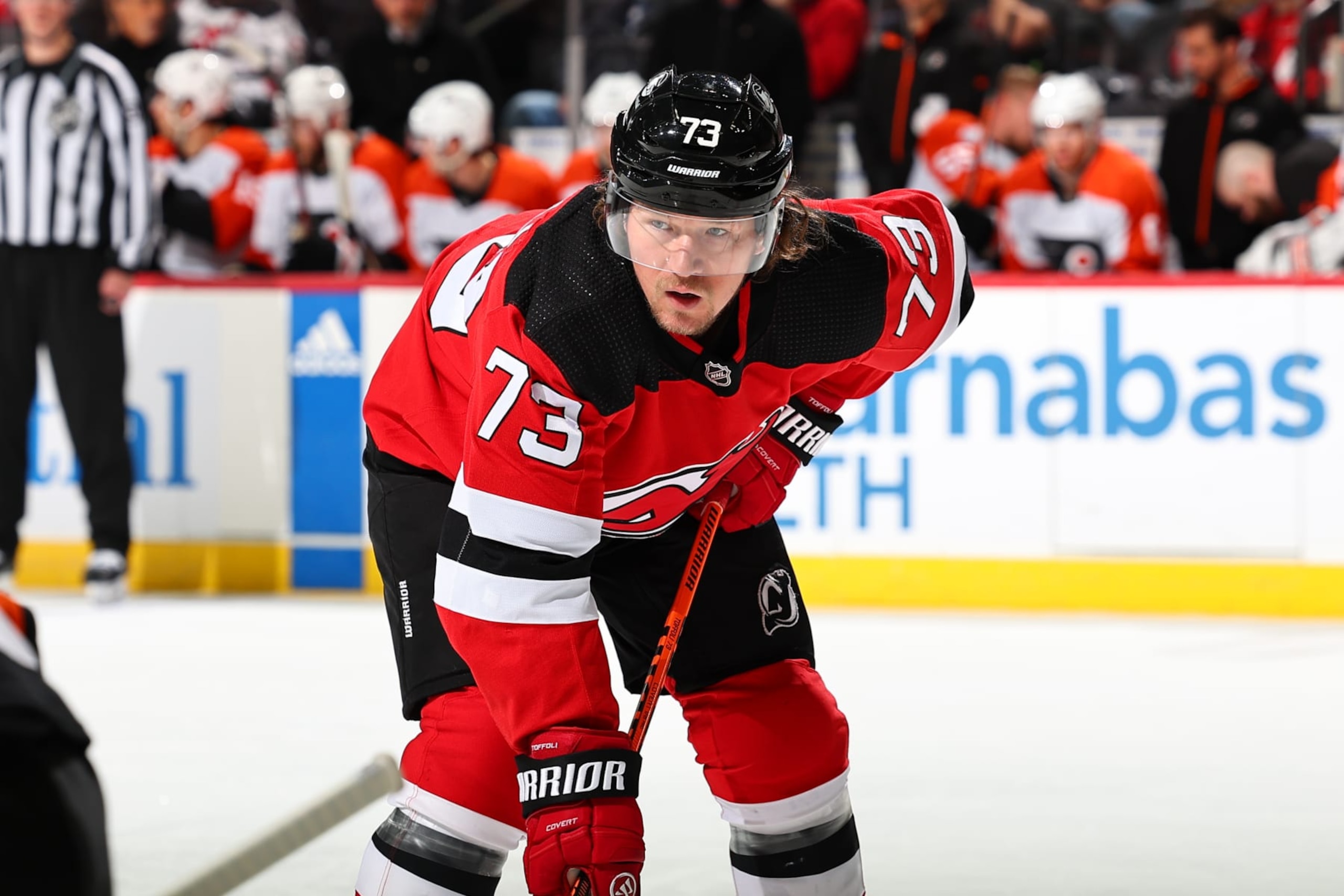 NEWARK, NJ - DECEMBER 19: Tyler Toffoli #73 of the New Jersey Devils skates in the first period of the game against the Philadelphia Flyers at the Prudential Center on December 19, 2023 in Newark, New Jersey. (Photo by Rich Graessle/NHLI via Getty Images) NEWARK, NJ - DECEMBER 19: Tyler Toffoli #73 of the New Jersey Devils skates in the first period of the game against the Philadelphia Flyers at the Prudential Center on December 19, 2023 in Newark, New Jersey. (Photo by Rich Graessle/NHLI via Getty Images)