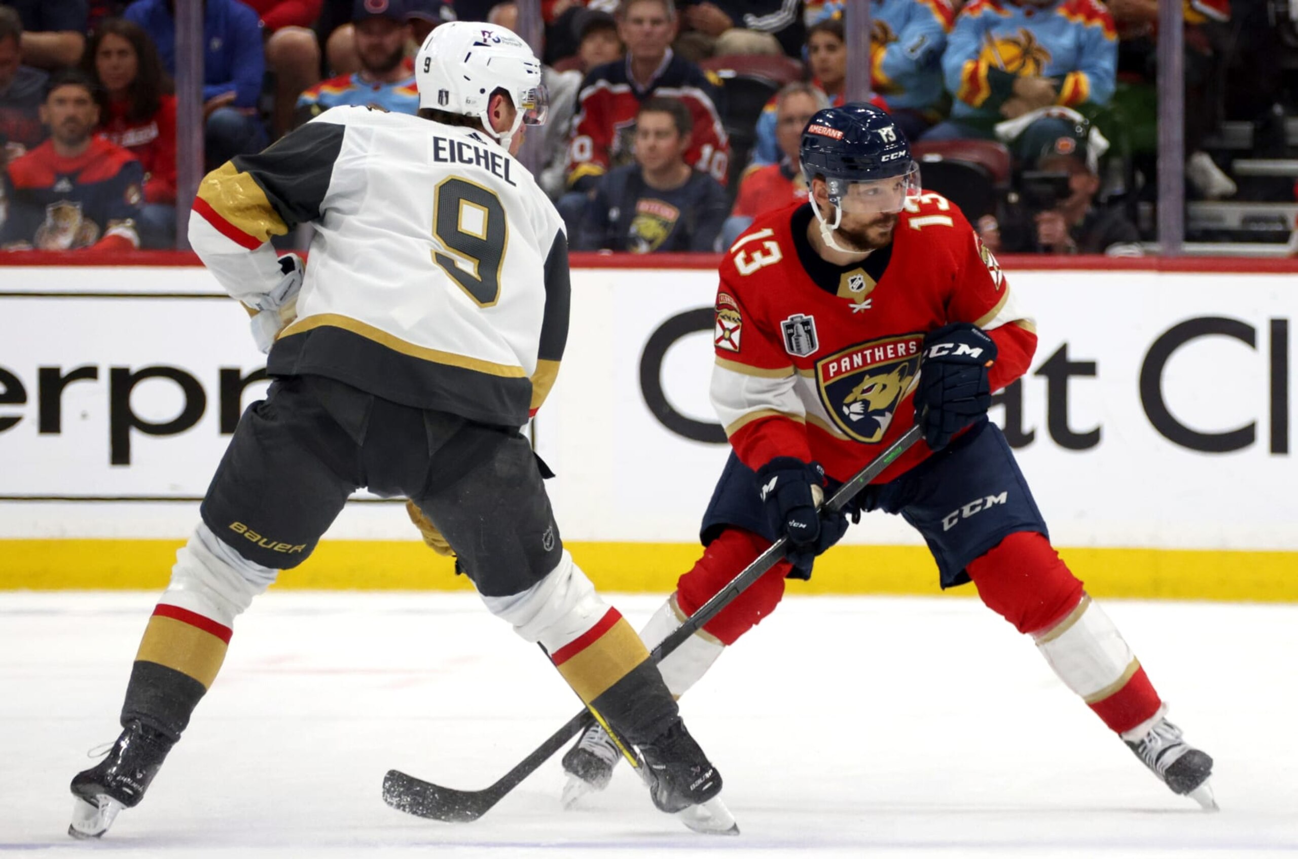 SUNRISE, FLORIDA - JUNE 08: Sam Reinhart #13 of the Florida Panthers tries to get past Jack Eichel #9 of the Vegas Golden Knights during the second period of Game Three of the 2023 NHL Stanley Cup Final at FLA Live Arena on June 08, 2023 in Sunrise, Florida. (Photo by Dave Sandford/NHLI via Getty Images) SUNRISE, FLORIDA - JUNE 08: Sam Reinhart #13 of the Florida Panthers tries to get past Jack Eichel #9 of the Vegas Golden Knights during the second period of Game Three of the 2023 NHL Stanley Cup Final at FLA Live Arena on June 08, 2023 in Sunrise, Florida. (Photo by Dave Sandford/NHLI via Getty Images)