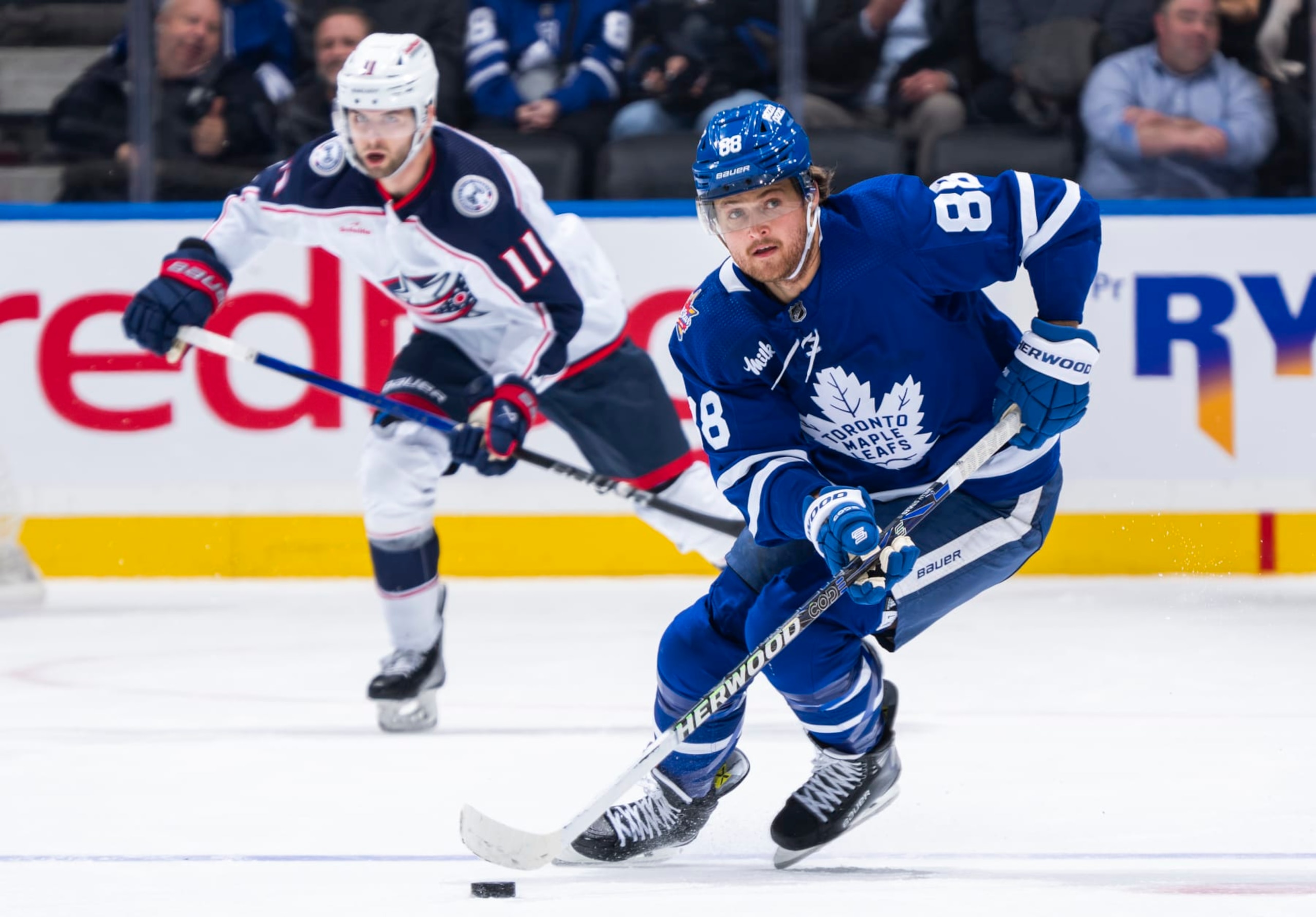 TORONTO, ON - DECEMBER 14: William Nylander #88 of the Toronto Maple Leafs skates against the Columbus Blue Jackets during the first period at the Scotiabank Arena on December 14, 2023 in Toronto, Ontario, Canada. (Photo by Mark Blinch/NHLI via Getty Images) TORONTO, ON - DECEMBER 14: William Nylander #88 of the Toronto Maple Leafs skates against the Columbus Blue Jackets during the first period at the Scotiabank Arena on December 14, 2023 in Toronto, Ontario, Canada. (Photo by Mark Blinch/NHLI via Getty Images)
