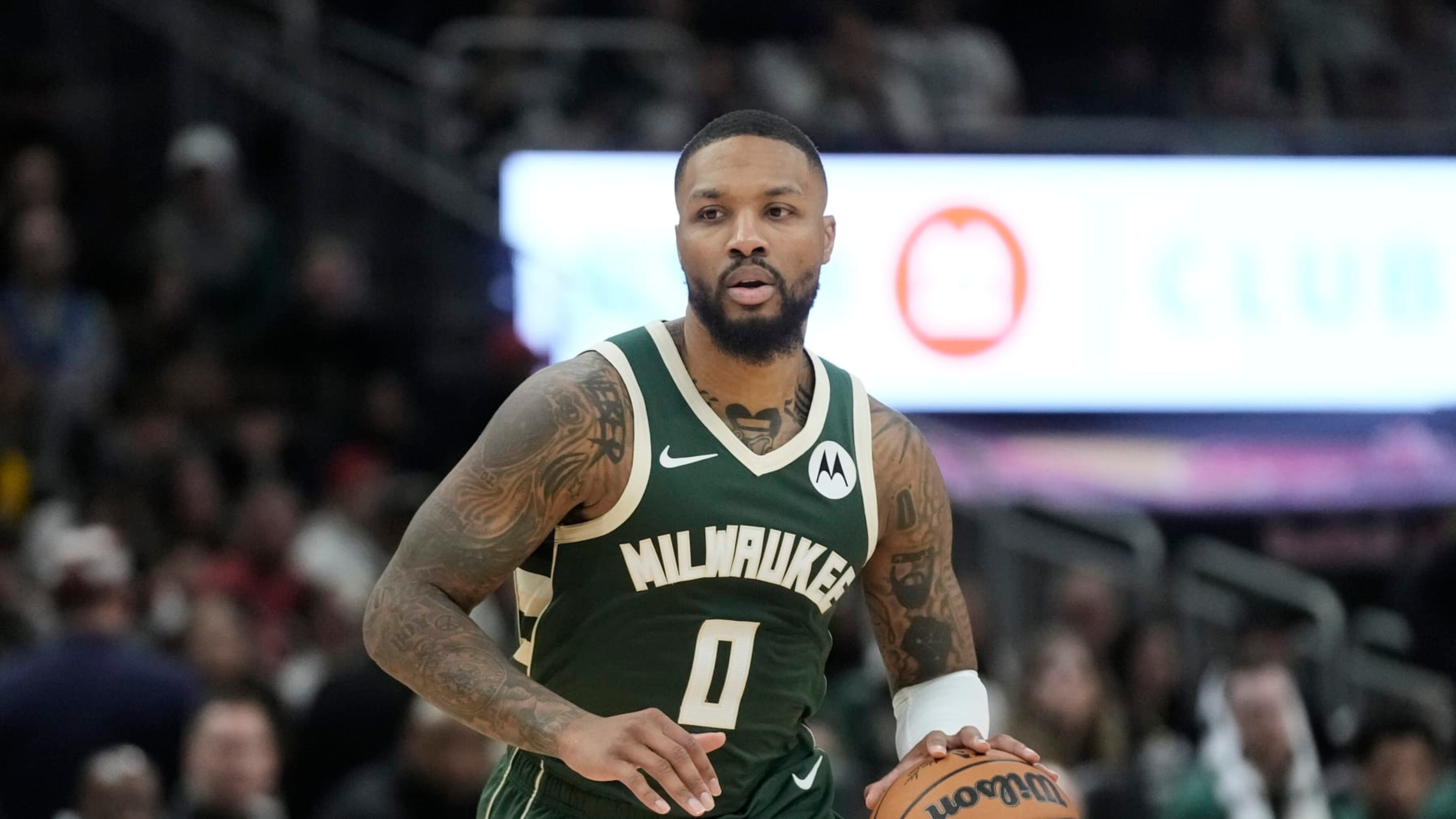 Milwaukee Bucks' Damian Lillard during the first half of an NBA basketball game against the Detroit Pistons Saturday, Dec. 16, 2023, in Milwaukee. (AP Photo/Morry Gash)