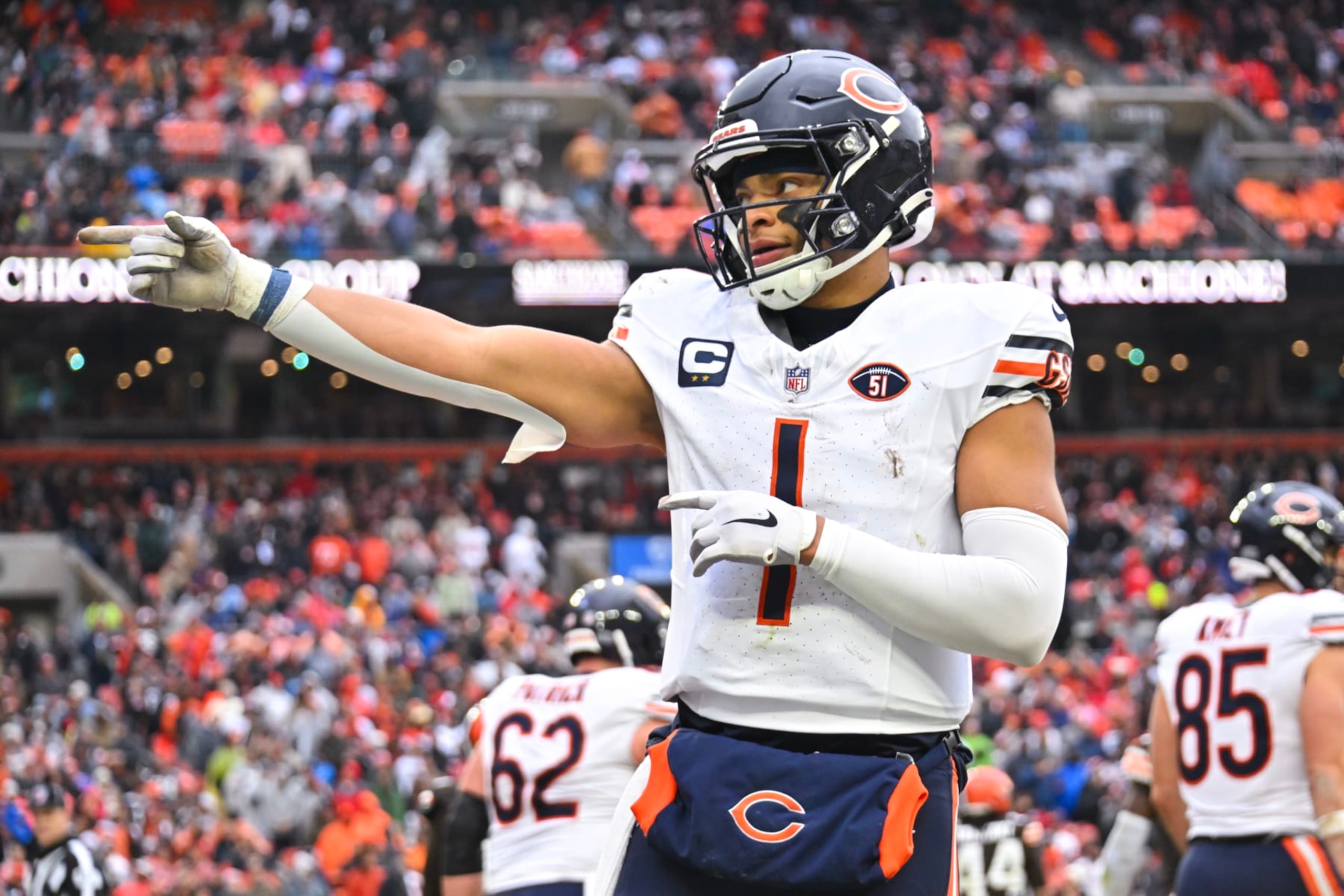 CLEVELAND, OHIO - DECEMBER 17: Justin Fields #1 of the Chicago Bears reacts after a touchdown during the second quarter of a game against the Cleveland Browns at Cleveland Browns Stadium on December 17, 2023 in Cleveland, Ohio. (Photo by Jason Miller/Getty Images)