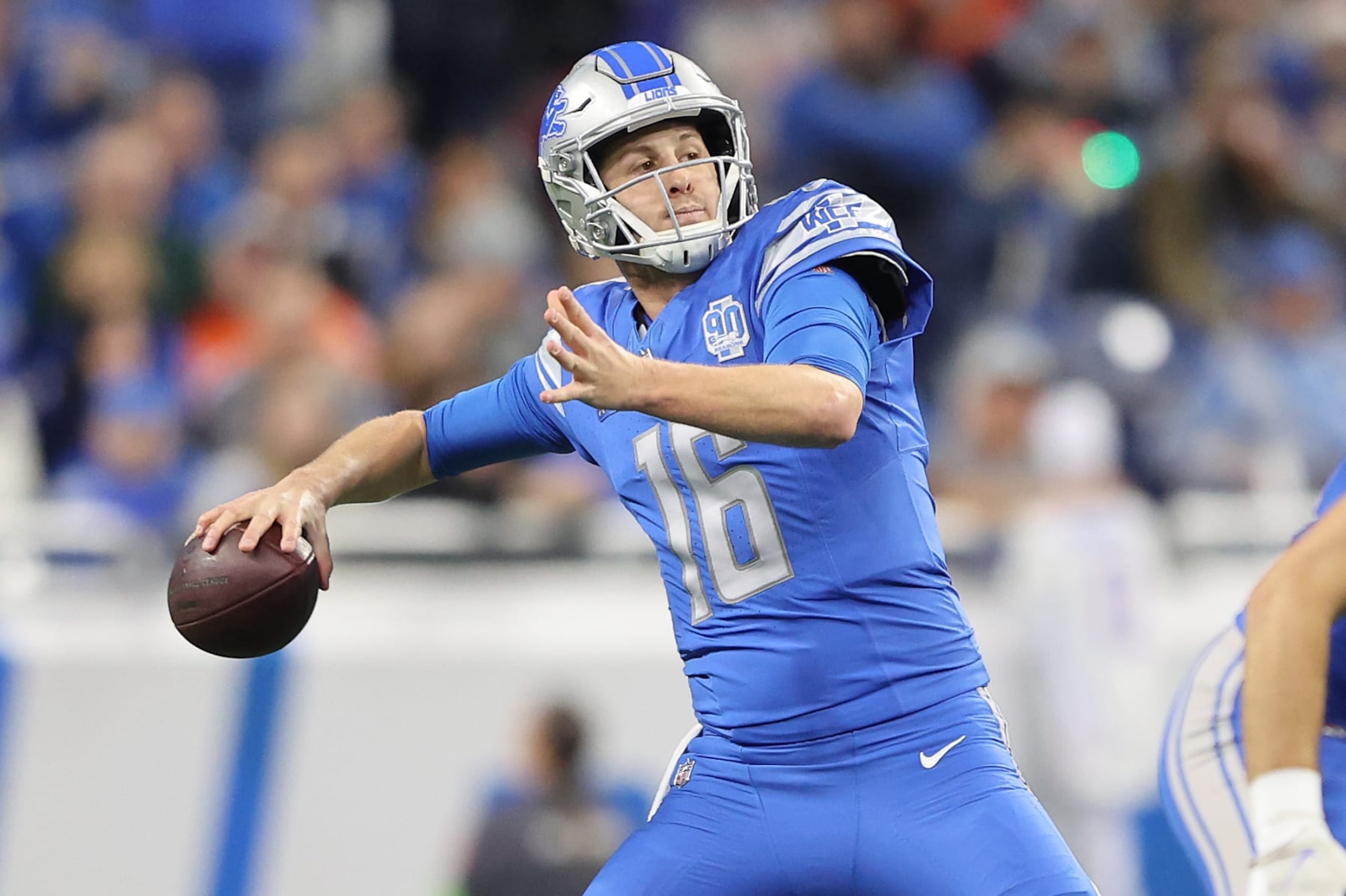 DETROIT, MICHIGAN - DECEMBER 16: Jared Goff #16 of the Detroit Lions throws the ball during the first quarter against the Denver Broncos at Ford Field on December 16, 2023 in Detroit, Michigan. (Photo by Rey Del Rio/Getty Images)