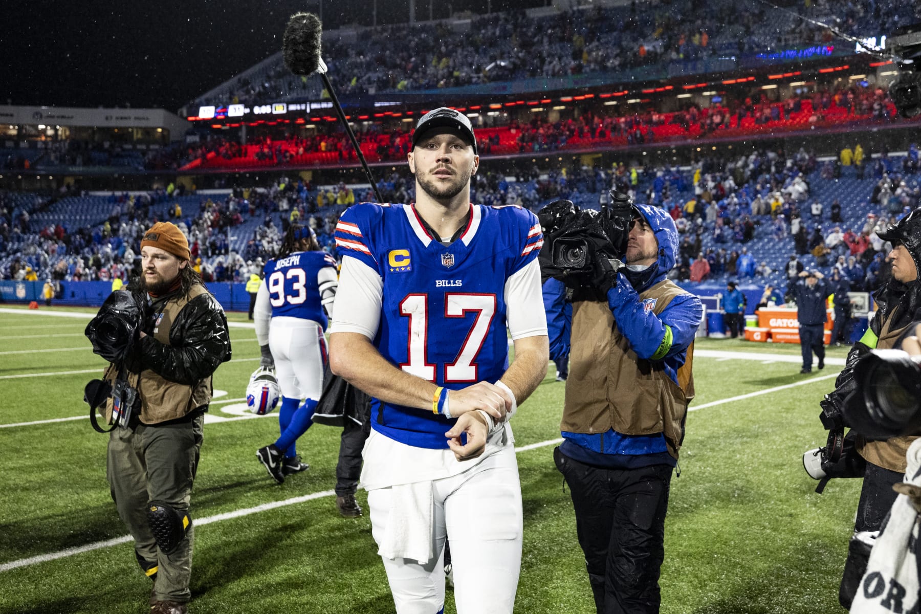 DETROIT, MICHIGAN - DECEMBER 17: Josh Allen #17 of the Buffalo Bills walks off of the field after the game agaisnt the Dallas Cowboys at Highmark Stadium on December 17, 2023 in Orchard Park, New York. The Bills beat the Cowboys 31-10. (Photo by Lauren Leigh Bacho/Getty Images)