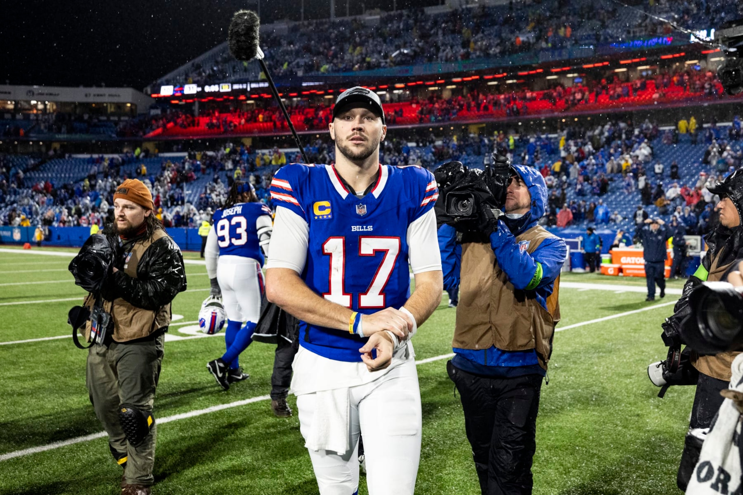 DETROIT, MICHIGAN - DECEMBER 17: Josh Allen #17 of the Buffalo Bills walks off of the field after the game agaisnt the Dallas Cowboys at Highmark Stadium on December 17, 2023 in Orchard Park, New York. The Bills beat the Cowboys 31-10. (Photo by Lauren Leigh Bacho/Getty Images)