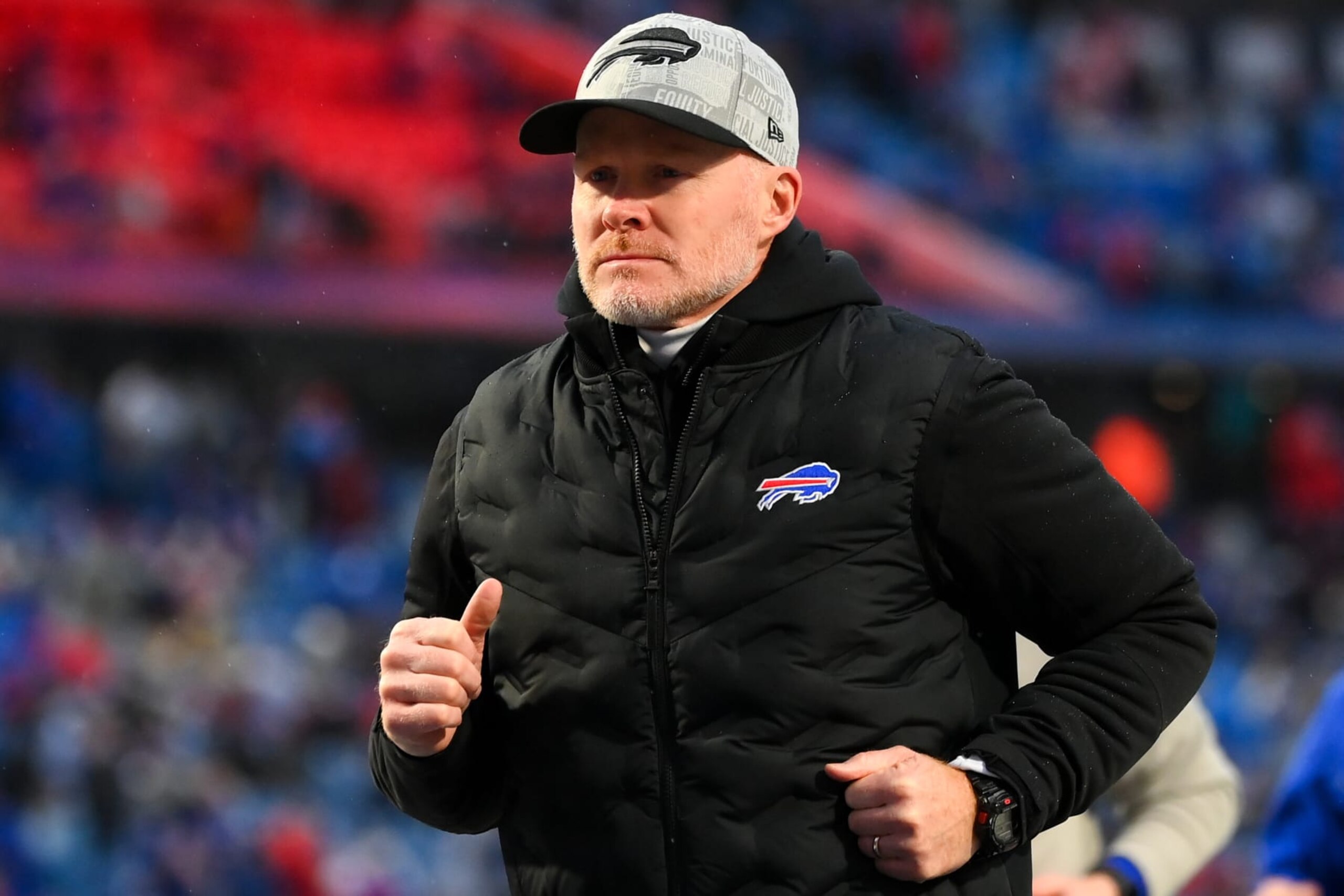 ORCHARD PARK, NEW YORK - DECEMBER 17: Head coach Sean McDermott of the Buffalo Bills jogs off the field prior to the game against the Dallas Cowboys at Highmark Stadium on December 17, 2023 in Orchard Park, New York. The Bills won 31-10. (Photo by Rich Barnes/Getty Images)