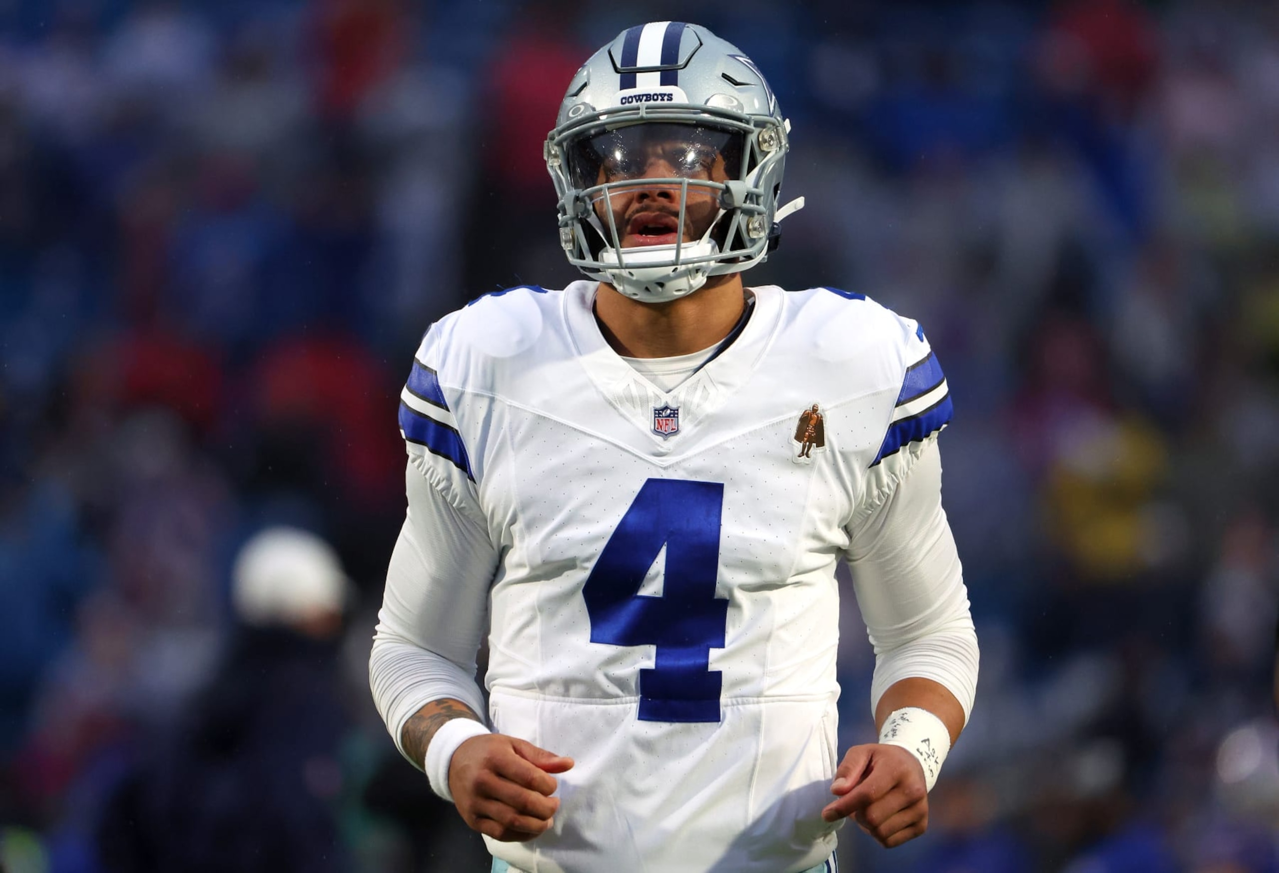 ORCHARD PARK, NEW YORK - DECEMBER 17: Dak Prescott #4 of the Dallas Cowboys prior to a game against the Buffalo Bills at Highmark Stadium on December 17, 2023 in Orchard Park, New York. (Photo by Timothy T Ludwig/Getty Images)