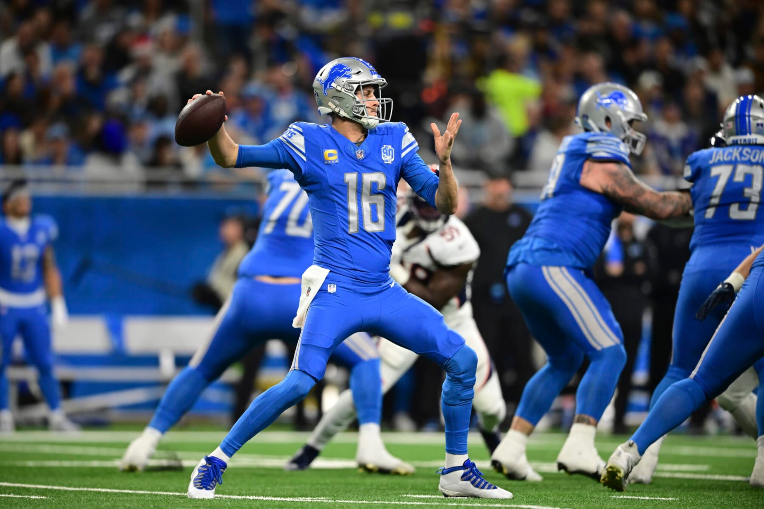 Detroit Lions quarterback Jared Goff throws during the first half of an NFL football game against the Denver Broncos, Saturday, Dec. 16, 2023, in Detroit. (AP Photo/David Dermer)