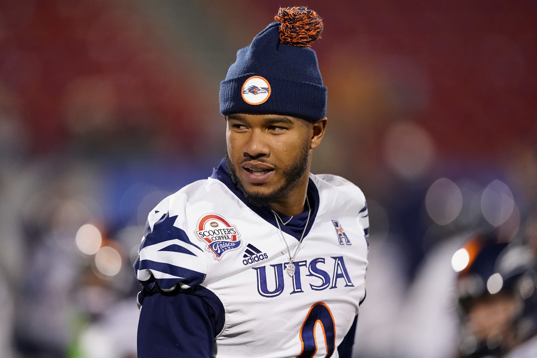 FRISCO, TEXAS - DECEMBER 19: Frank Harris #0 of the UTSA Roadrunners walks on the field during warmups before Frisco Bowl against the Marshall Thundering Herd at Toyota Stadium on December 19, 2023 in Frisco, Texas. (Photo by Sam Hodde/Getty Images)